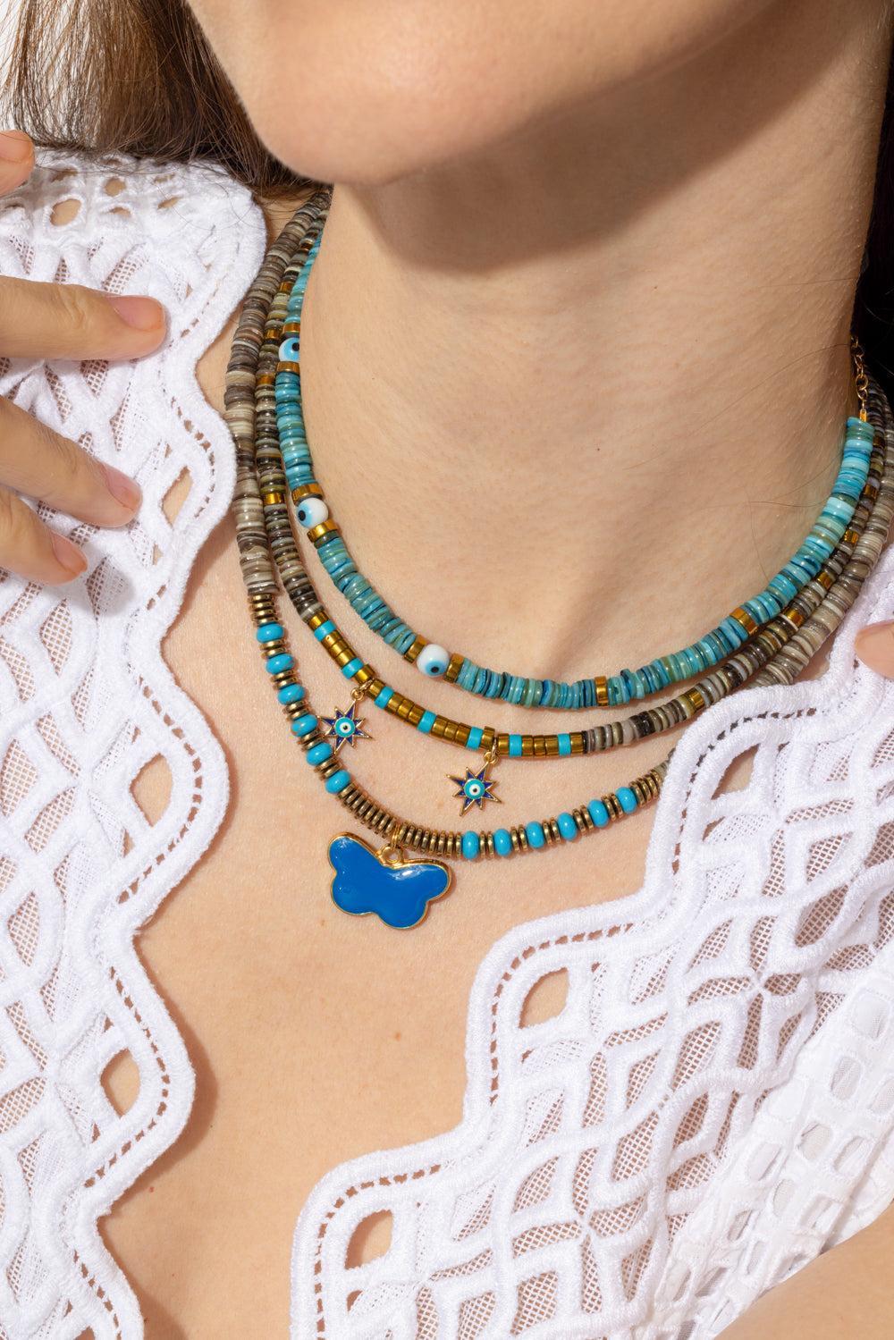 Turquoise Iris Three Eye Necklace-BLUE-JEWELRYBOUTIQUENECKLACE O-HIJAS DE PUKA