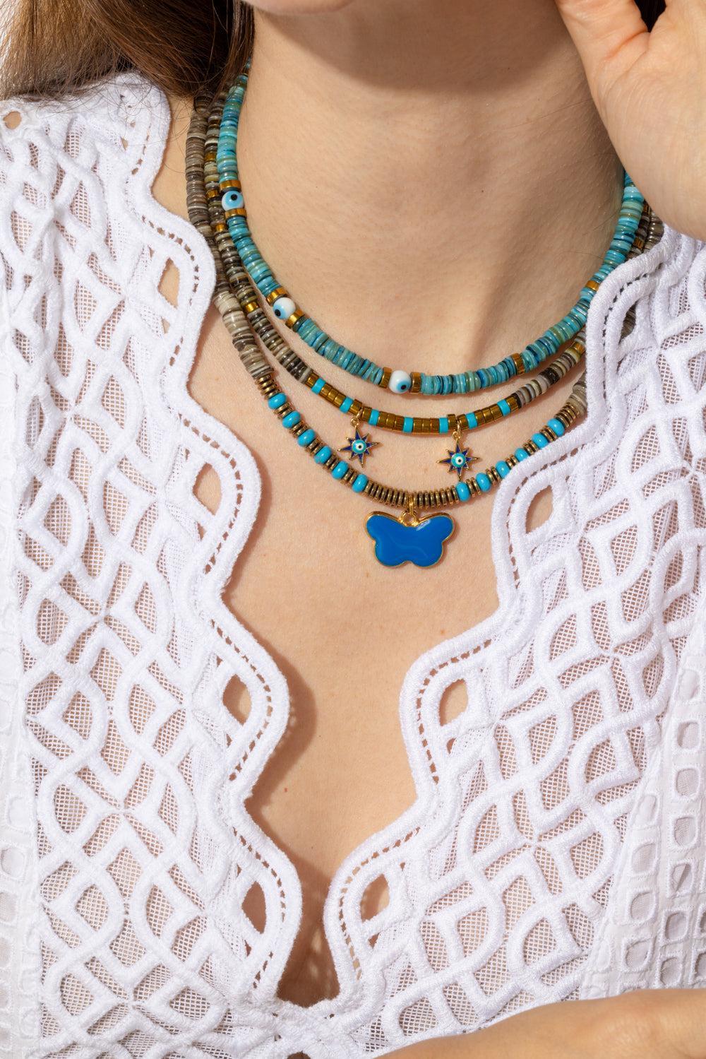 Turquoise Iris Three Eye Necklace-BLUE-JEWELRYBOUTIQUENECKLACE O-HIJAS DE PUKA