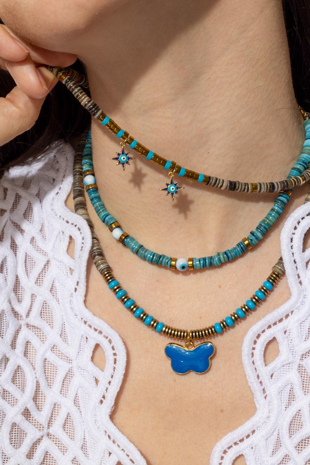 Brown Nano Shell Eye Necklace-BLUE-JEWELRYBOUTIQUENECKLACE O-HIJAS DE PUKA