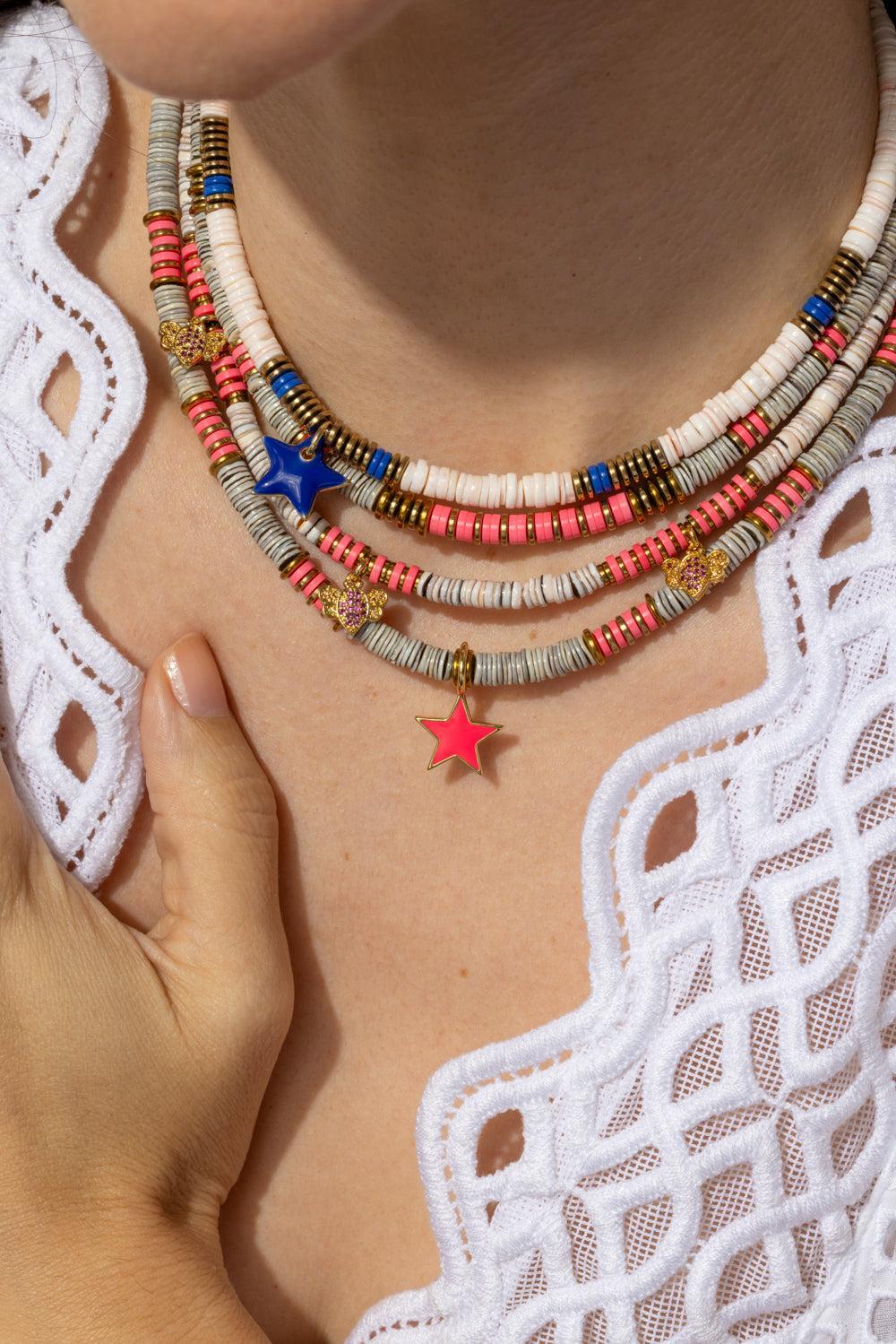 Ania Pink Enamel Star Necklace-PINK/GRY-JEWELRYBOUTIQUENECKLACE O-HIJAS DE PUKA