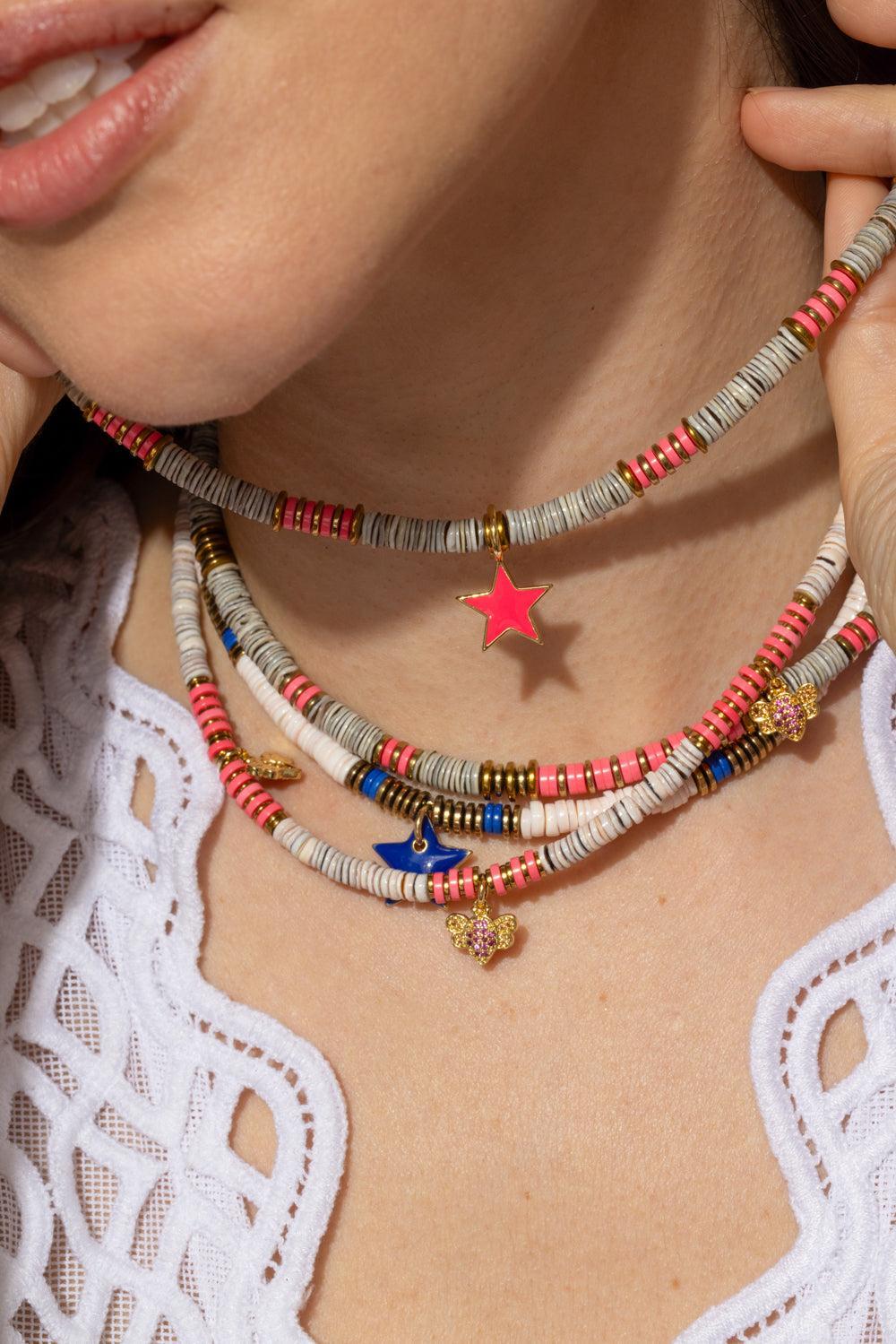 Ania Pink Enamel Star Necklace-PINK/GRY-JEWELRYBOUTIQUENECKLACE O-HIJAS DE PUKA