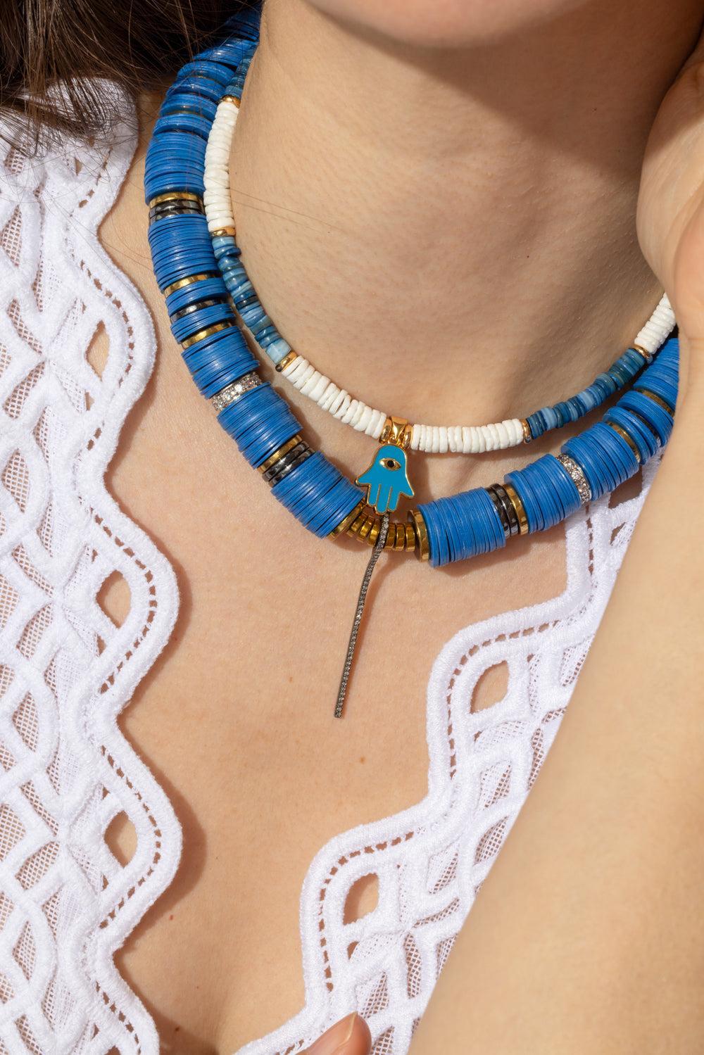 White Blue Sea Shell Hamsa Necklace-WHT/BLU-JEWELRYBOUTIQUENECKLACE O-HIJAS DE PUKA