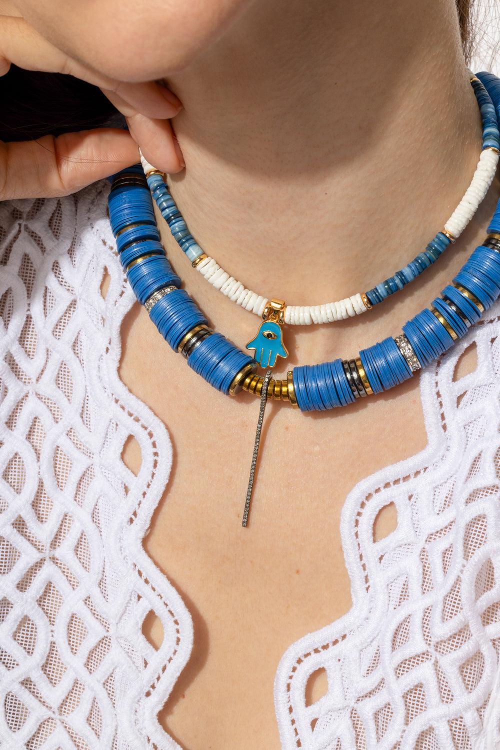 White Blue Sea Shell Hamsa Necklace-WHT/BLU-JEWELRYBOUTIQUENECKLACE O-HIJAS DE PUKA