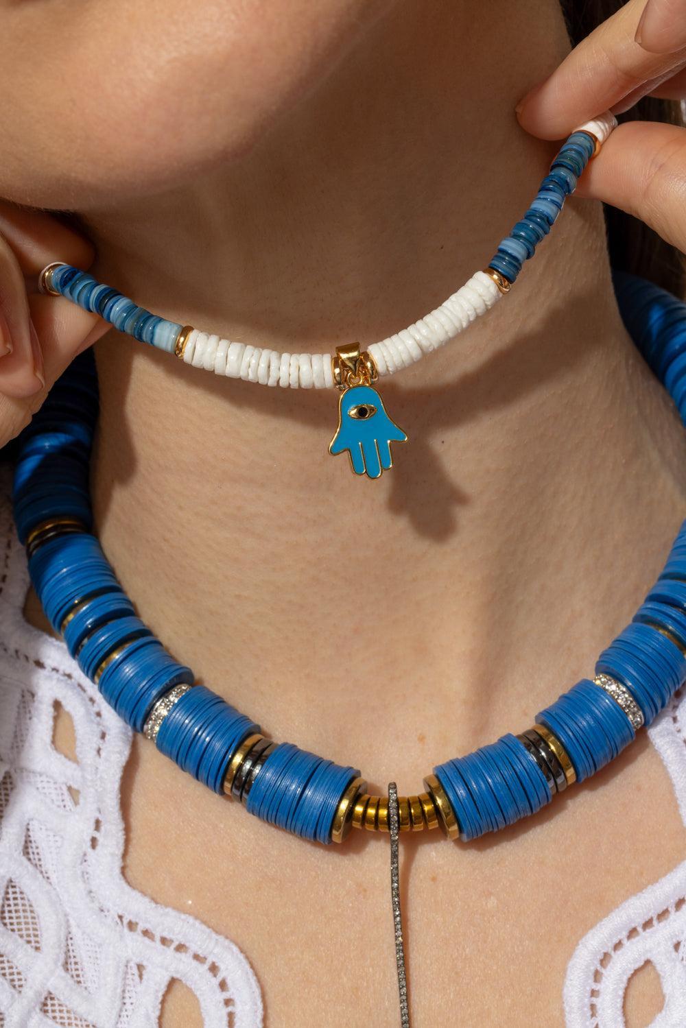 White Blue Sea Shell Hamsa Necklace-WHT/BLU-JEWELRYBOUTIQUENECKLACE O-HIJAS DE PUKA