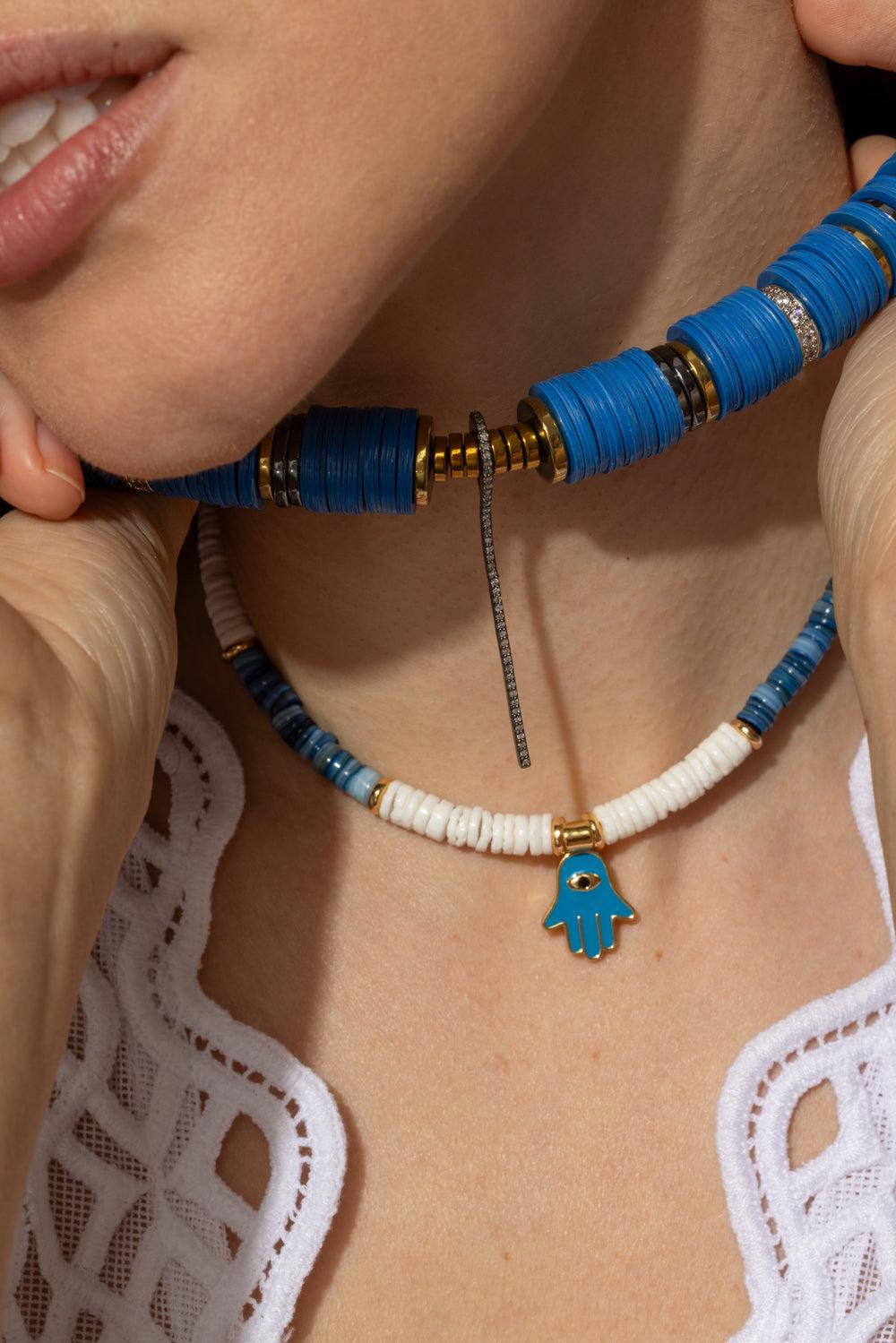 Blue Beaded Diamond Stick Charm Necklace-BLUE-JEWELRYBOUTIQUENECKLACE O-HIJAS DE PUKA