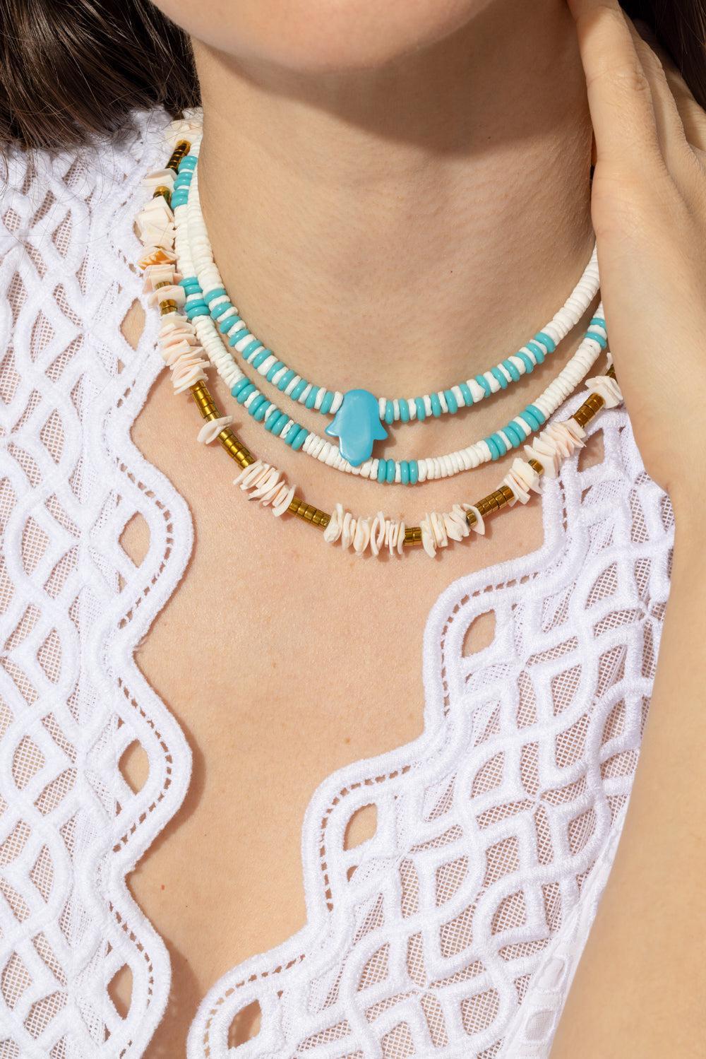 White Turquoise Beaded Hamsa Necklace-WHT/BLU-JEWELRYBOUTIQUENECKLACE O-HIJAS DE PUKA