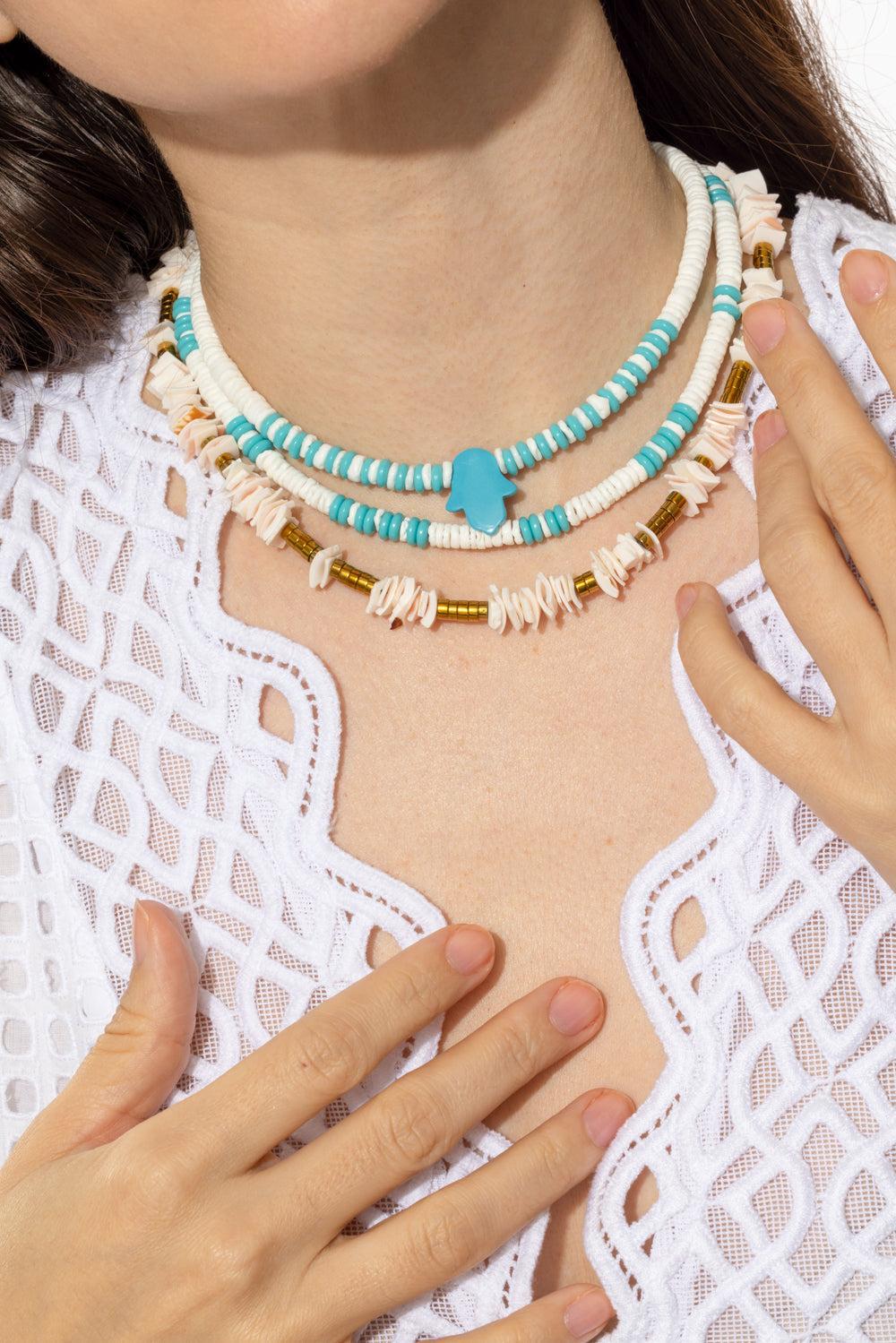 White Turquoise Beaded Hamsa Necklace-WHT/BLU-JEWELRYBOUTIQUENECKLACE O-HIJAS DE PUKA