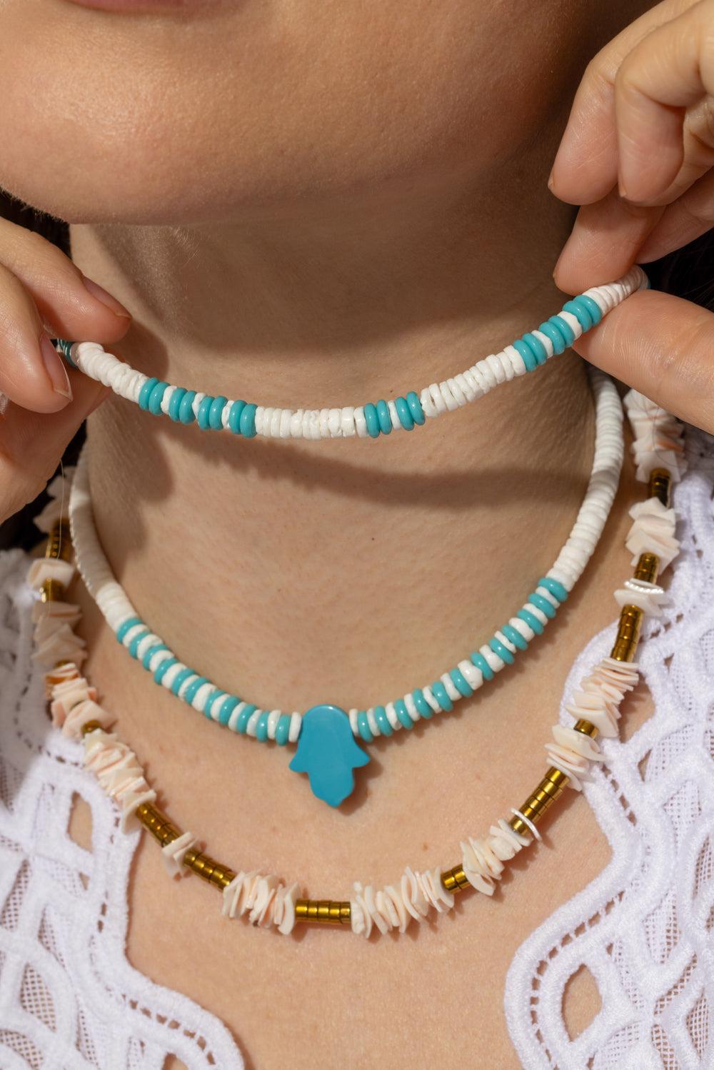 White Turquoise Shell Beaded Necklace-WHT/BLU-JEWELRYBOUTIQUENECKLACE O-HIJAS DE PUKA