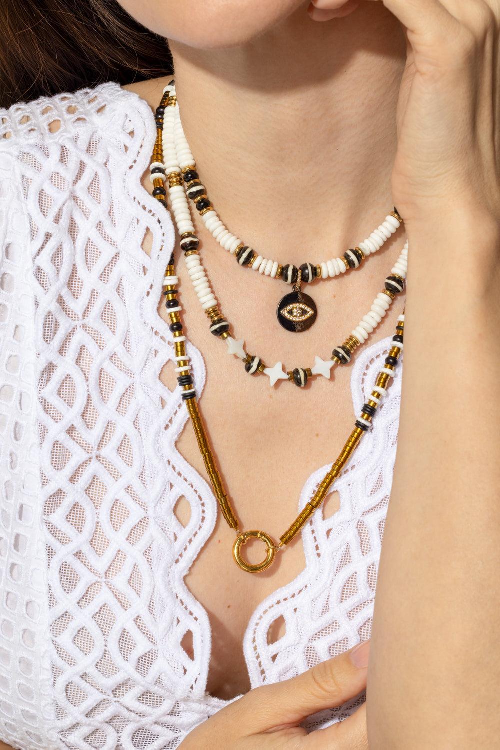 White Puka Black Beaded Rondelle Necklace-WHITE/BLACK-JEWELRYBOUTIQUENECKLACE O-HIJAS DE PUKA