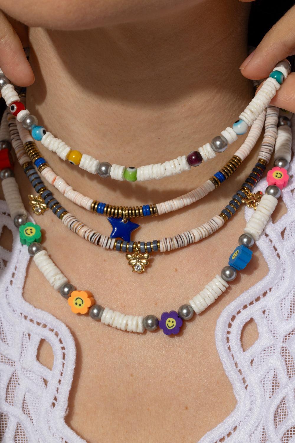 White Shell Multicolor Evil Eye Necklace-MULTI-JEWELRYBOUTIQUENECKLACE O-HIJAS DE PUKA