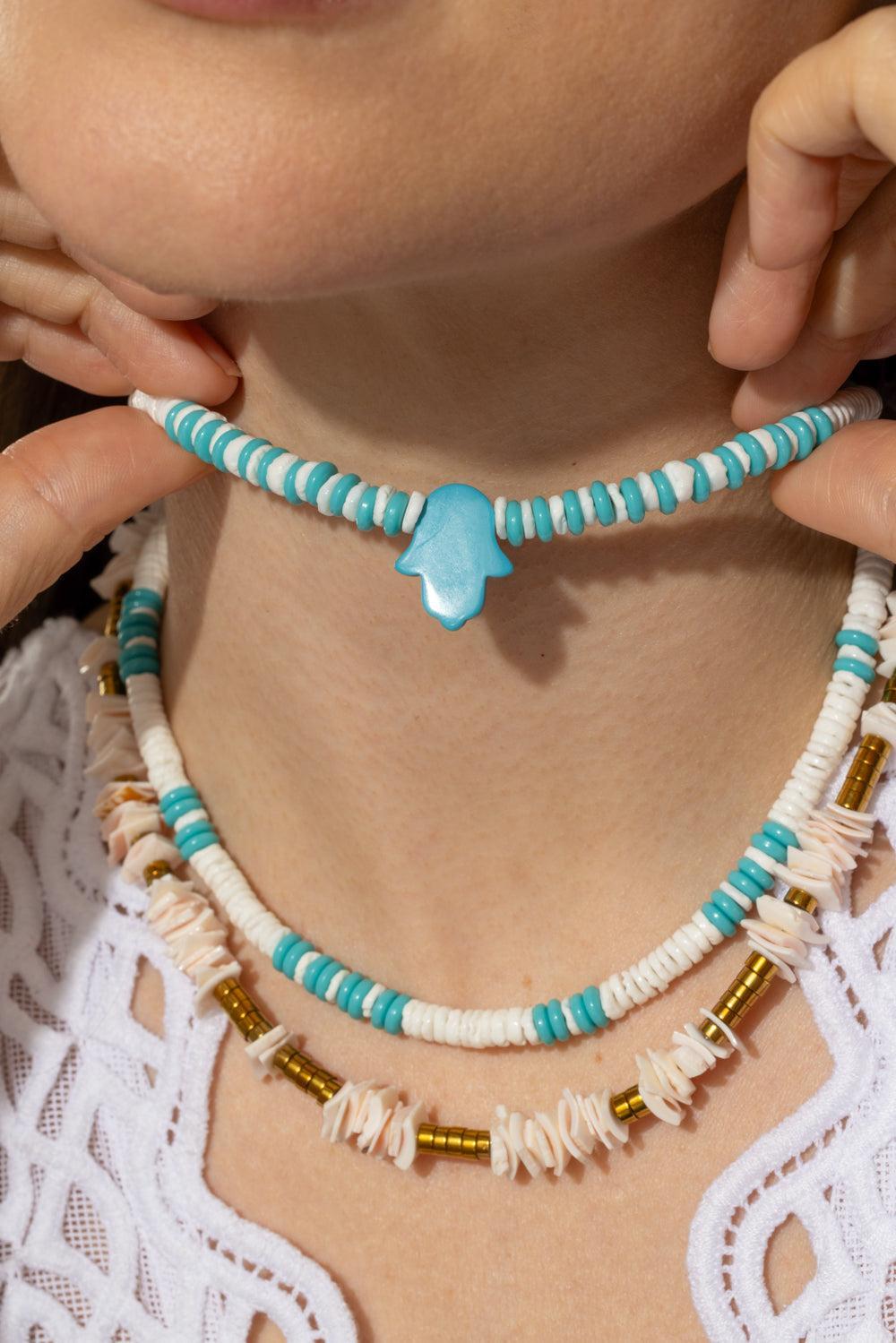 White Turquoise Beaded Hamsa Necklace-WHT/BLU-JEWELRYBOUTIQUENECKLACE O-HIJAS DE PUKA