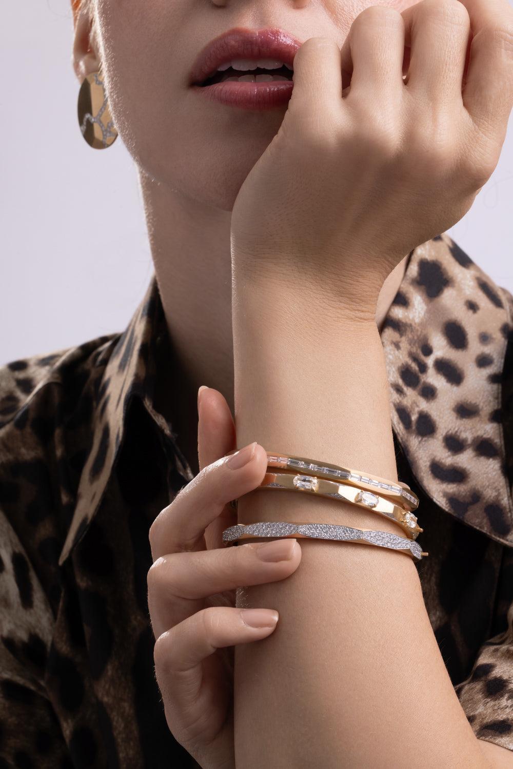 Diamond Five Oval Geometric Enigma Bangle Bracelet-YELLOW GOLD-JEWELRYFINE JEWELBRACELET O-ARUNASHI