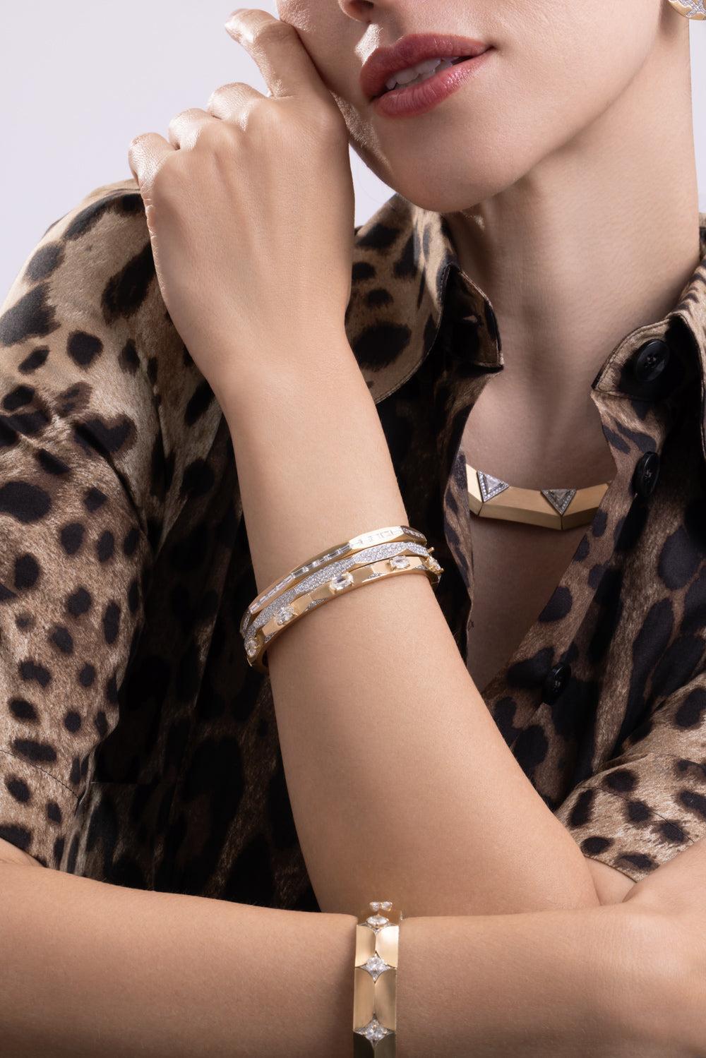 Diamond Five Oval Geometric Enigma Bangle Bracelet-YELLOW GOLD-JEWELRYFINE JEWELBRACELET O-ARUNASHI