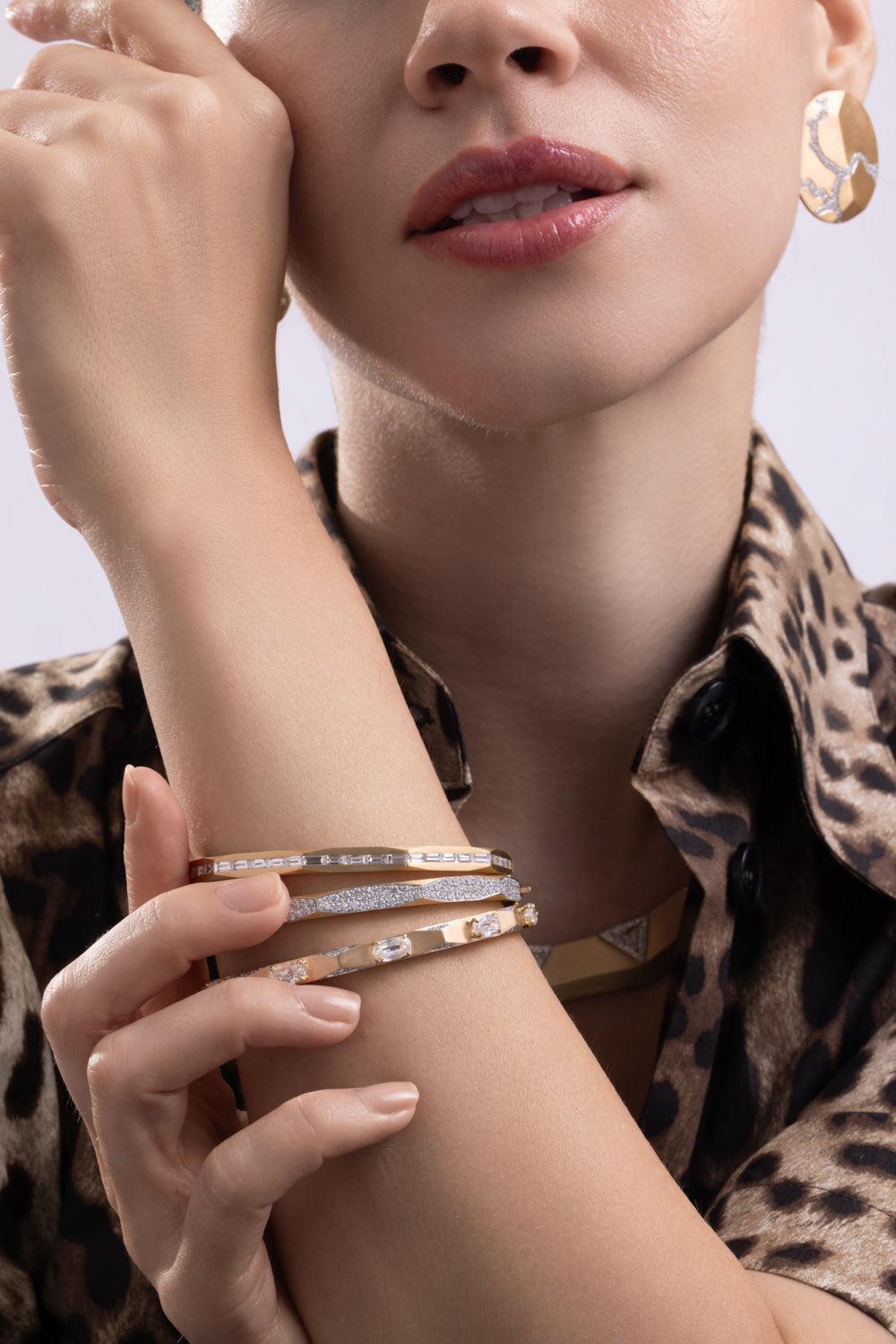 Diamond Five Oval Geometric Enigma Bangle Bracelet-YELLOW GOLD-JEWELRYFINE JEWELBRACELET O-ARUNASHI