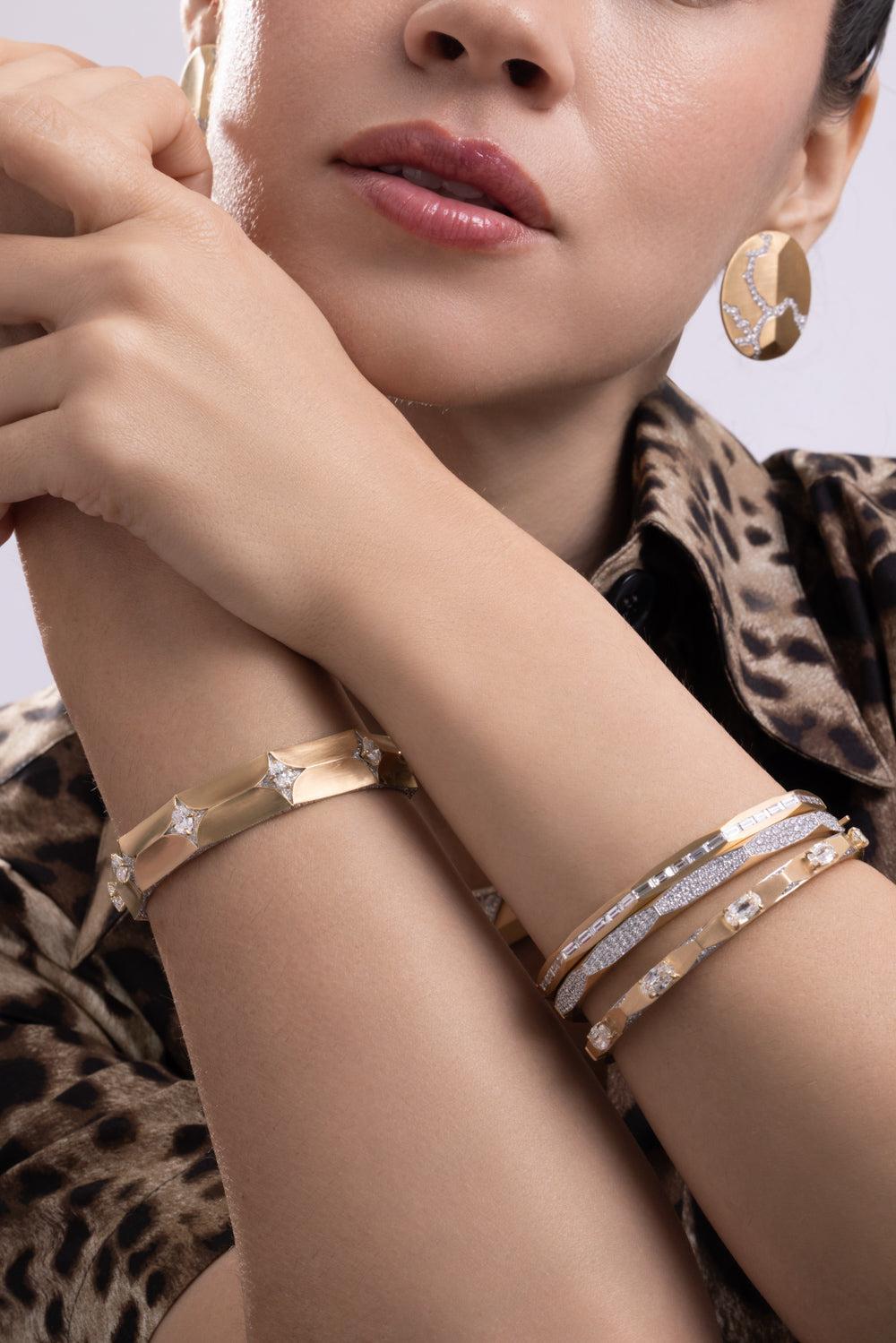 Diamond Oval Enigma Cuff Bracelet-YELLOW GOLD-JEWELRYFINE JEWELBRACELET O-ARUNASHI