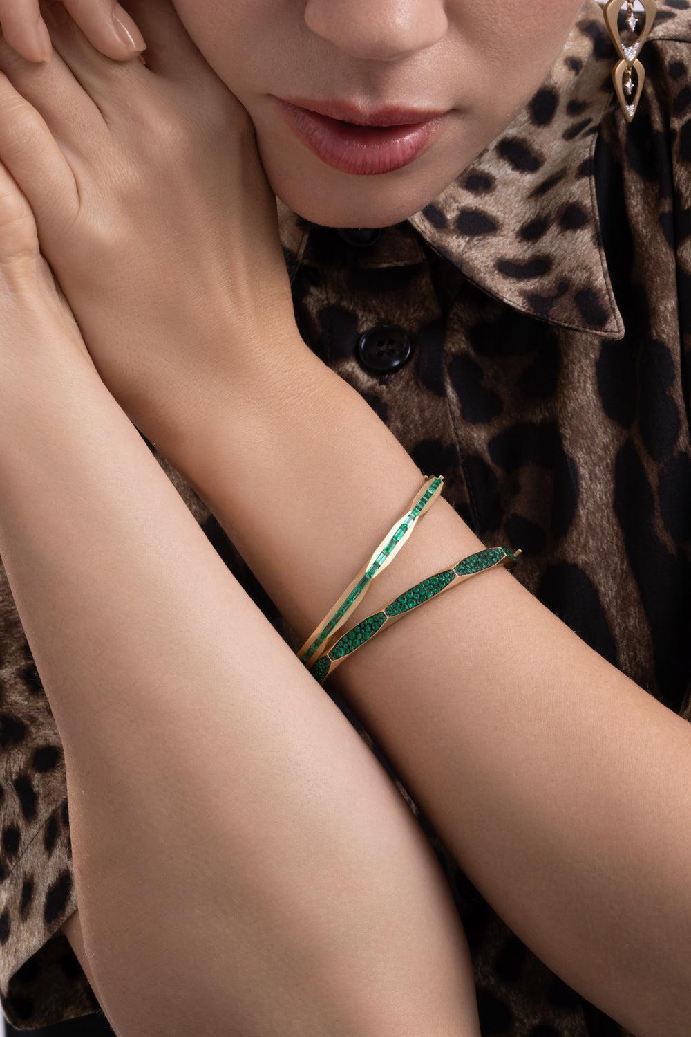 Emerald Micro Pave Enigma Bangle Bracelet - Yellow Gold-YELLOW GOLD-JEWELRYFINE JEWELBRACELET O-ARUNASHI