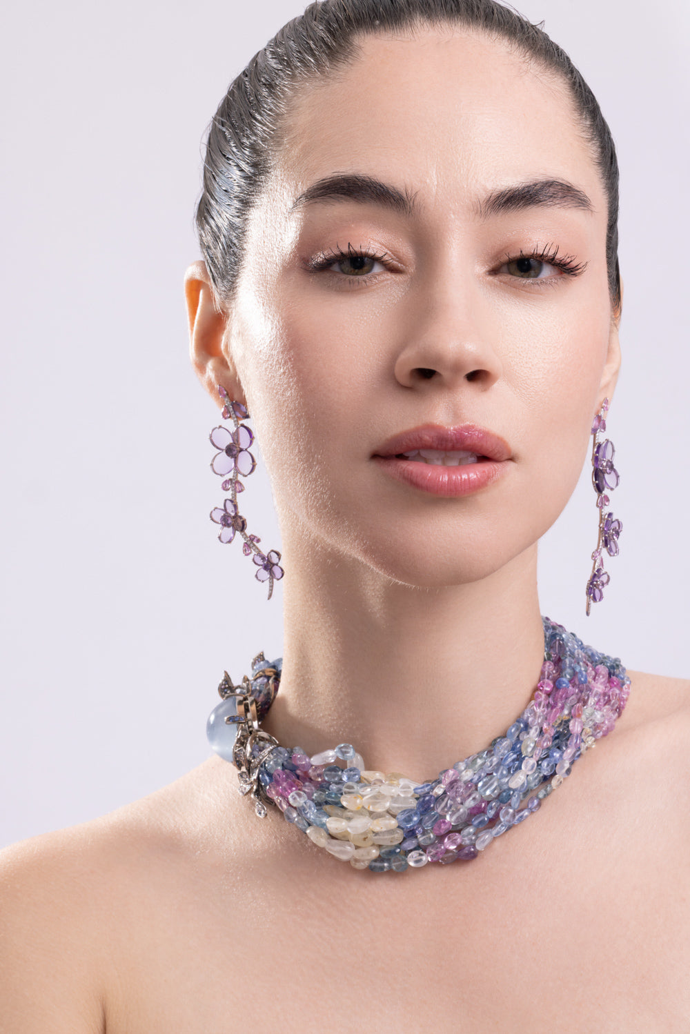 Amethyst Sapphire Diamond Flower Earrings