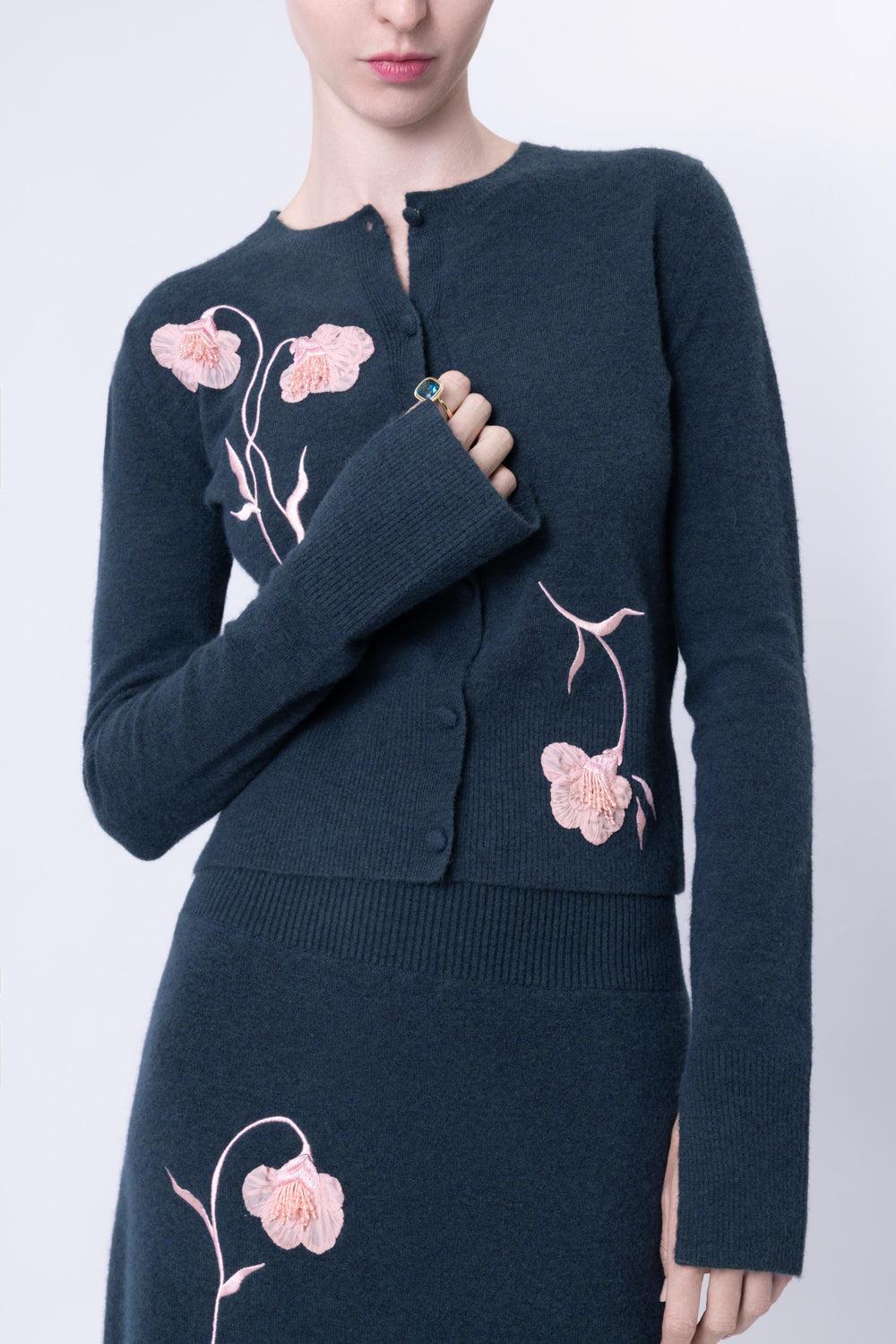 Embroidered Fitted Cardigan-GREEN-XS-CLOTHINGTOPCARDIGAN-ERDEM