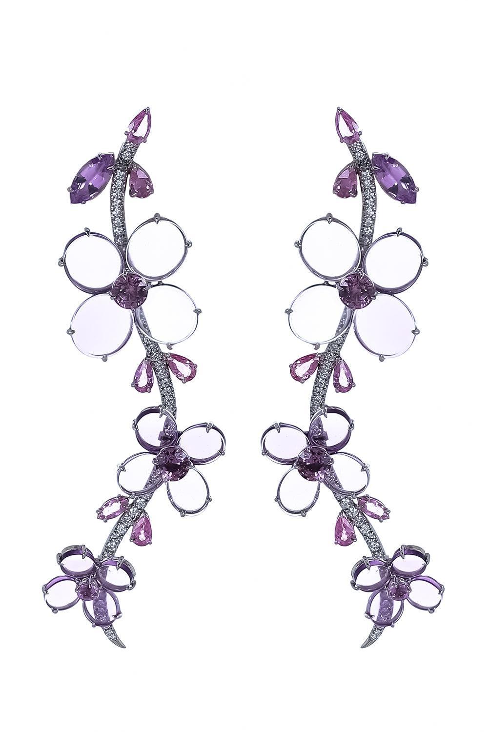 Amethyst Sapphire Diamond Flower Earrings-PLATINUM-JEWELRYFINE JEWELEARRING-CICADA