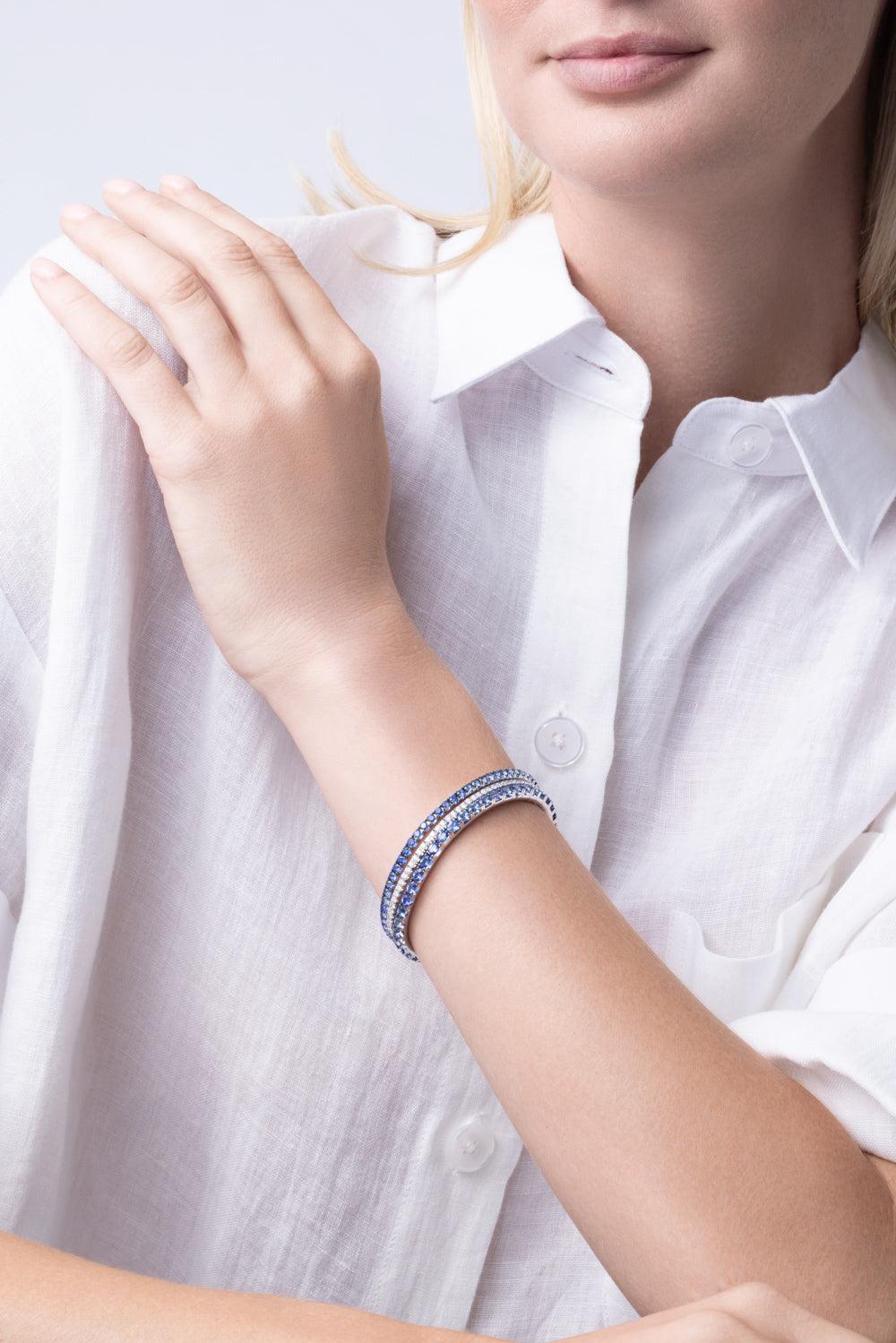 Blue Sapphire Tennis Stretch Bracelet-WHITE GOLD-JEWELRYFINE JEWELBRACELET O-ROBERTO DEMEGLIO
