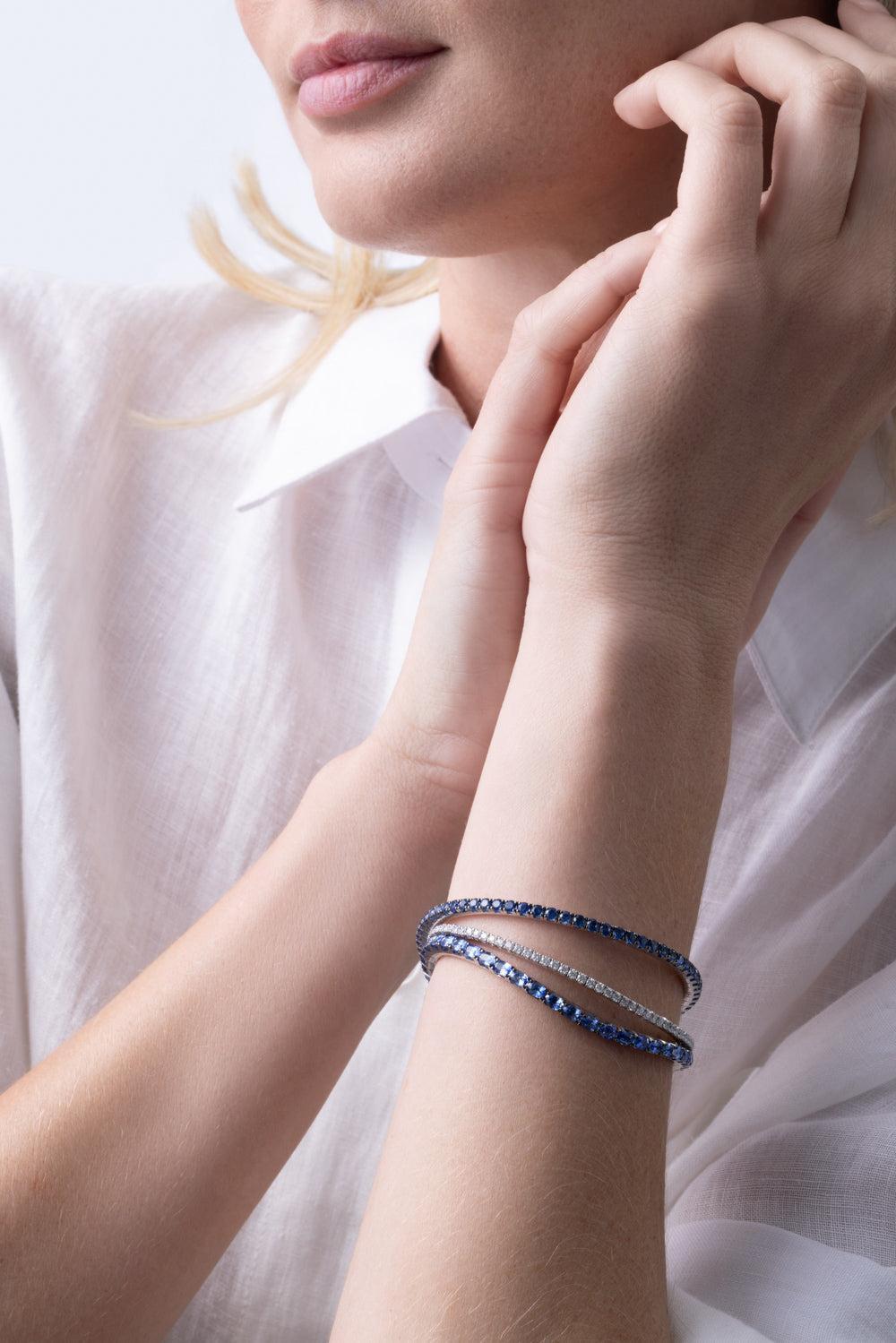 Blue Sapphire Tennis Stretch Bracelet-WHITE GOLD-JEWELRYFINE JEWELBRACELET O-ROBERTO DEMEGLIO