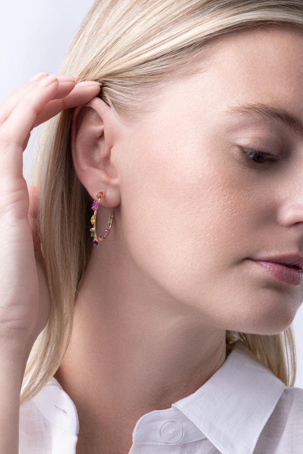 Sapphire Rainbow Mini Goddess Hoop Earrings-YELLOW GOLD-JEWELRYFINE JEWELEARRING-EDEN PRESLEY