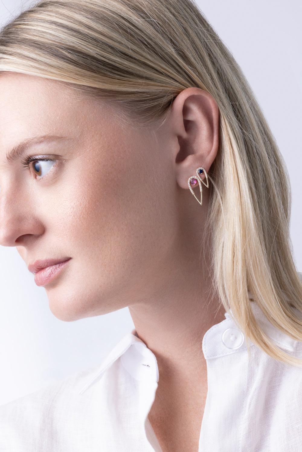 Pink Tourmaline Diamond Large Peacock Stud Earrings-YELLOW GOLD-JEWELRYFINE JEWELEARRING-EDEN PRESLEY