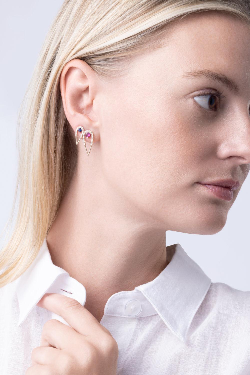 Pink Tourmaline Diamond Large Peacock Stud Earrings-YELLOW GOLD-JEWELRYFINE JEWELEARRING-EDEN PRESLEY