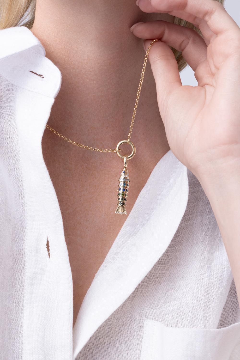 Small Green Blue Swedish Fish Pendant-YELLOW GOLD-JEWELRYFINE JEWELPENDANT-EDEN PRESLEY