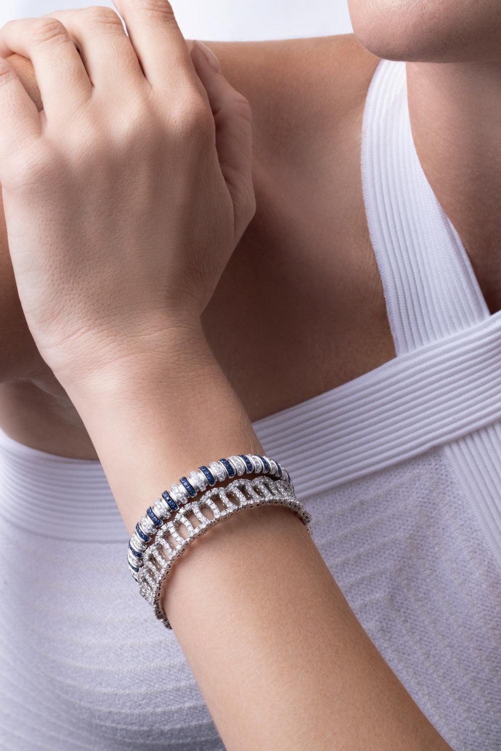 Blue Sapphire Diamond Canale Stretch Bracelet-WHITE GOLD-JEWELRYFINE JEWELBRACELET O-ZYDO