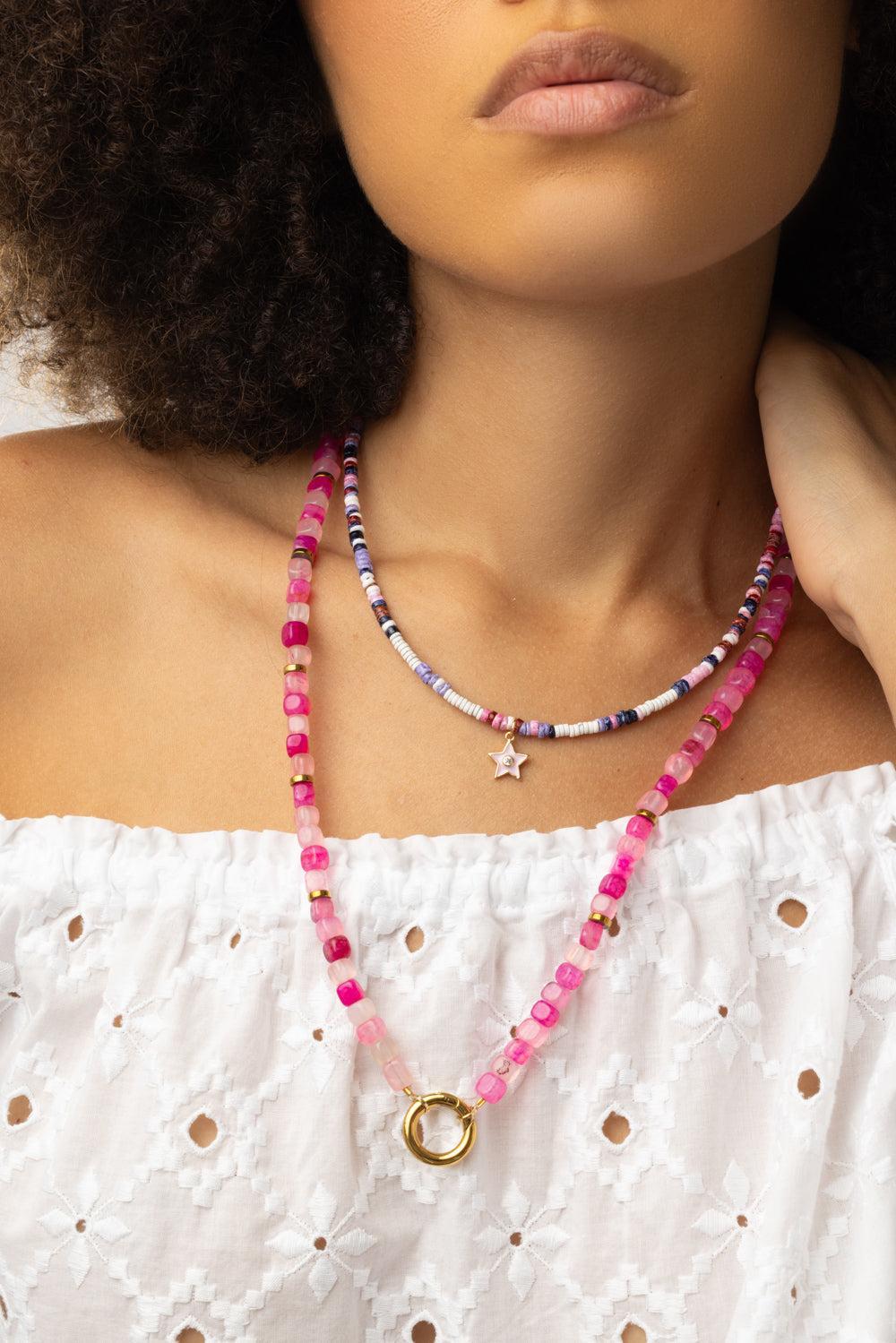 Pink Agate Beaded Necklace-PINK-JEWELRYBOUTIQUENECKLACE O-HIJAS DE PUKA