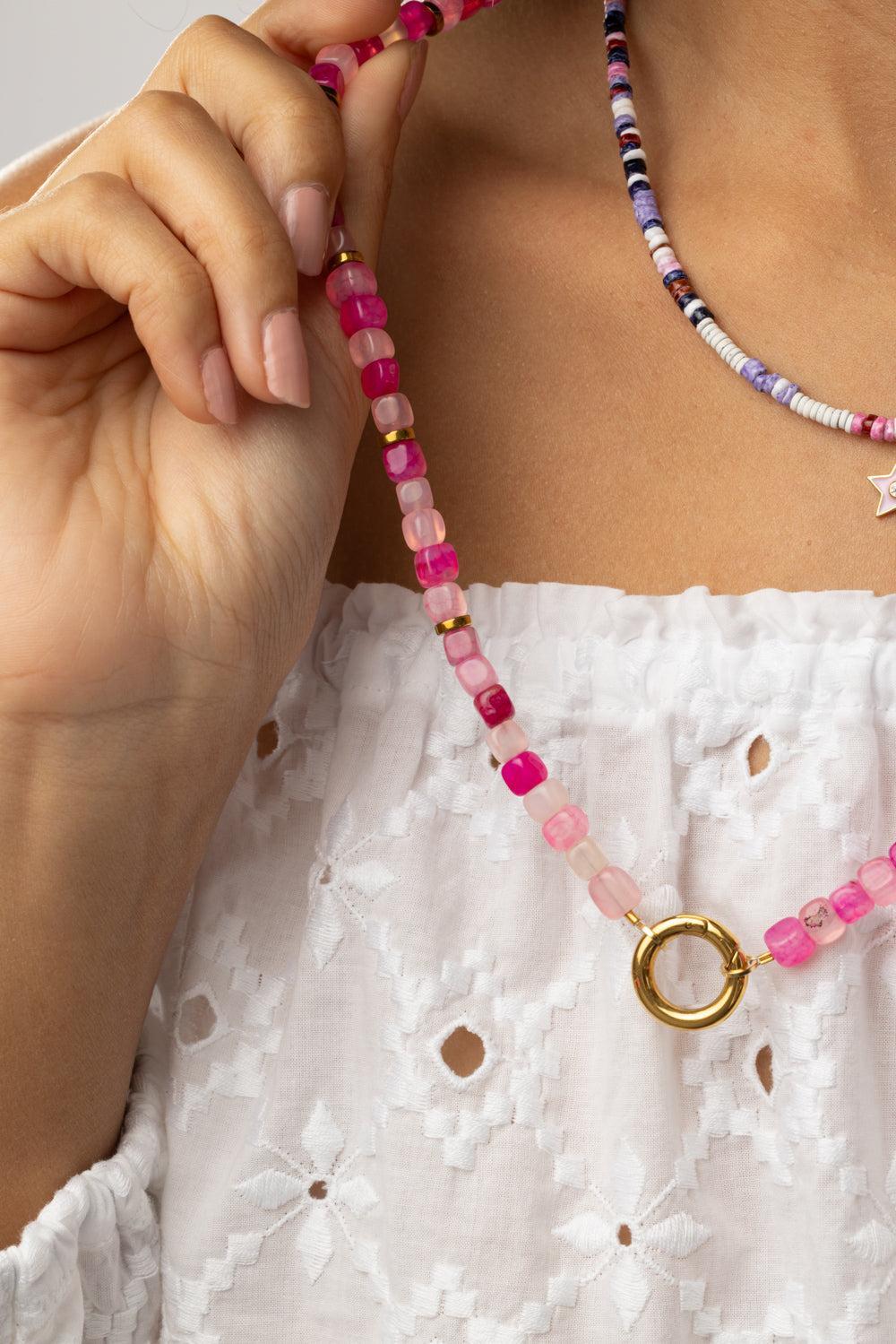 Pink Agate Beaded Necklace-PINK-JEWELRYBOUTIQUENECKLACE O-HIJAS DE PUKA