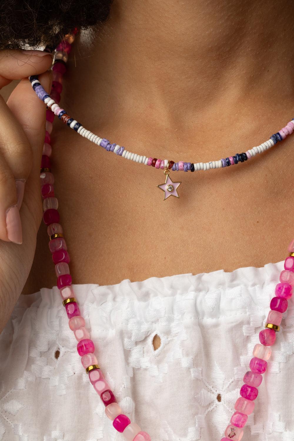 Pink Purple White Star Charm Necklace-PNK/PRPL-JEWELRYBOUTIQUENECKLACE O-HIJAS DE PUKA