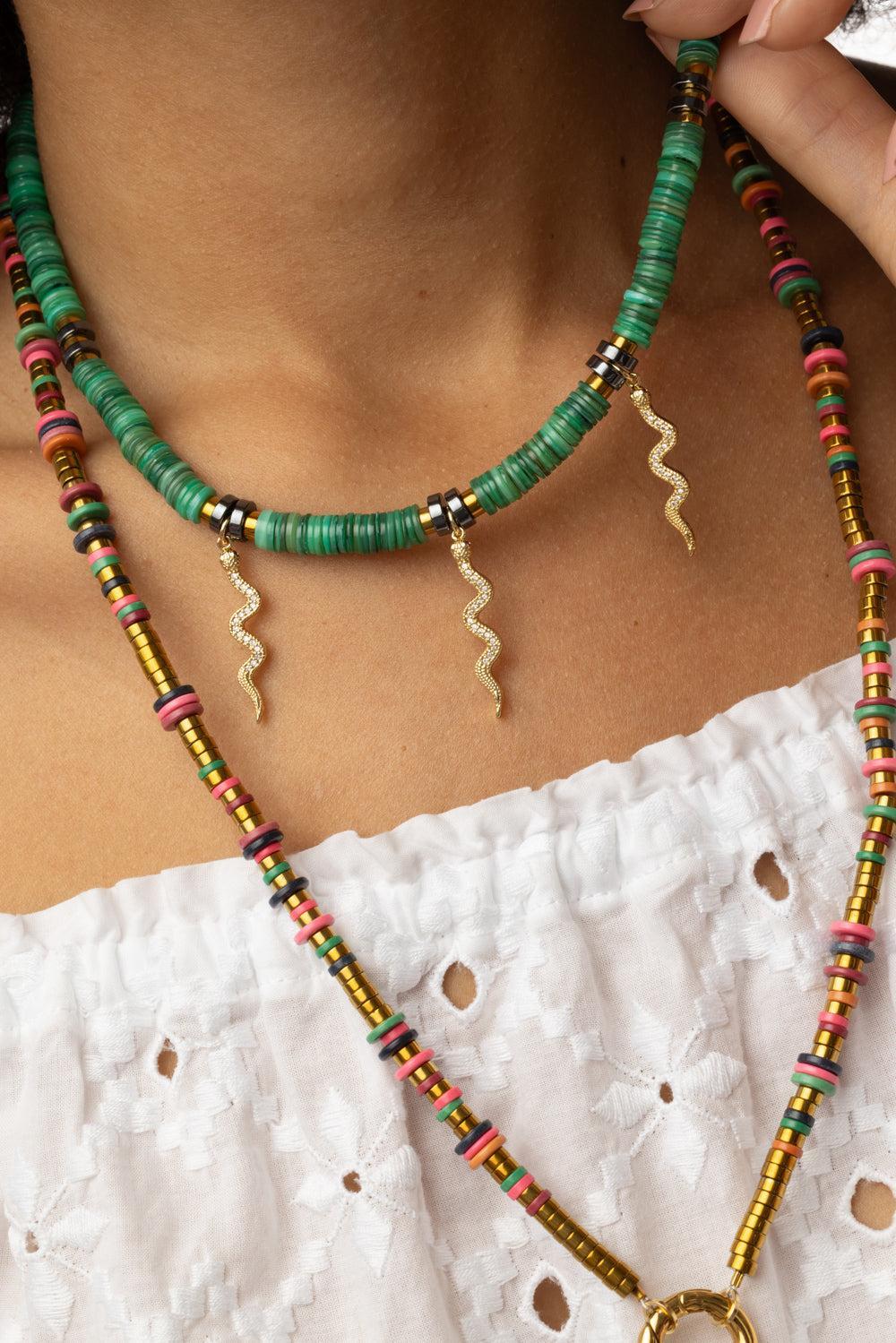 Green Iris Kaa Black Snake Necklace-GREEN-JEWELRYBOUTIQUENECKLACE O-HIJAS DE PUKA