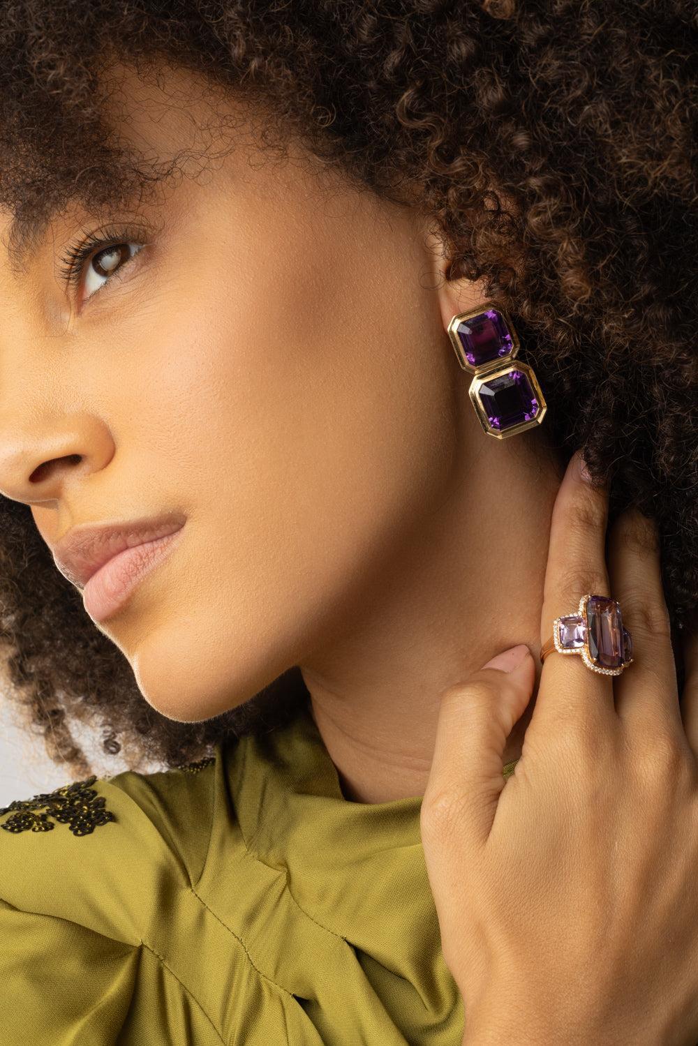 Amethyst Two Row Manhattan Earrings-YELLOW GOLD-JEWELRYFINE JEWELBRACELET O-GOSHWARA