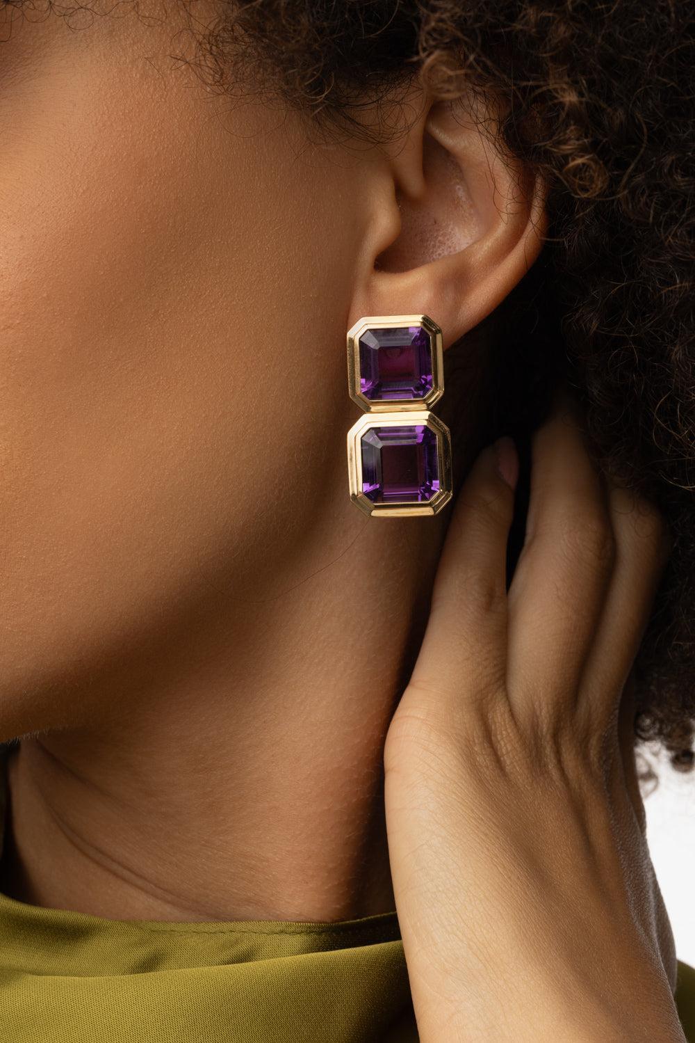 Amethyst Two Row Manhattan Earrings-YELLOW GOLD-JEWELRYFINE JEWELBRACELET O-GOSHWARA