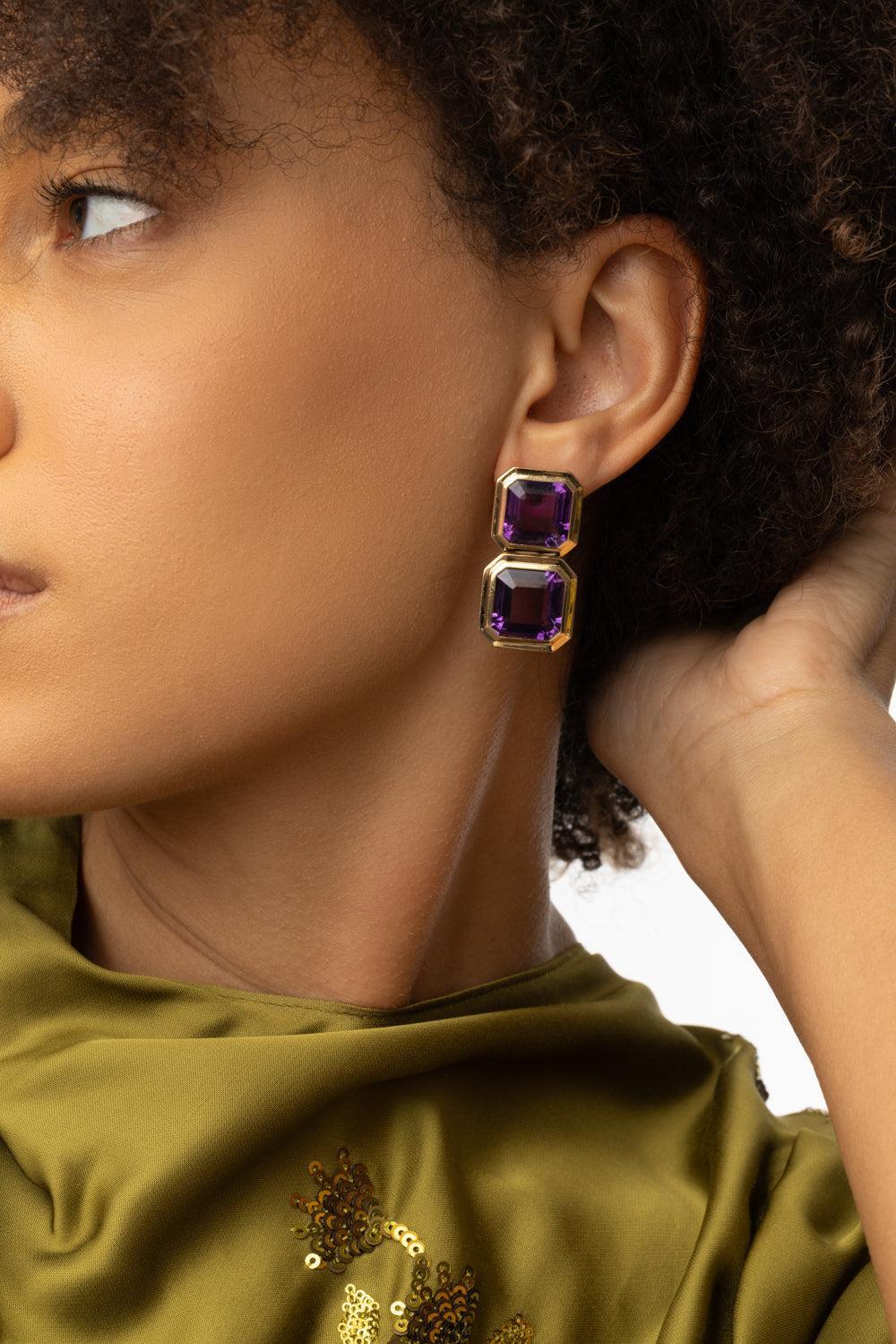 Amethyst Two Row Manhattan Earrings-YELLOW GOLD-JEWELRYFINE JEWELBRACELET O-GOSHWARA