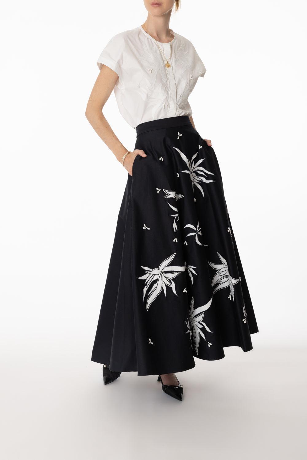 Embroidered Half Flared Skirt-DK BLUE-42-CLOTHINGSKIRTMIDI-MANTU