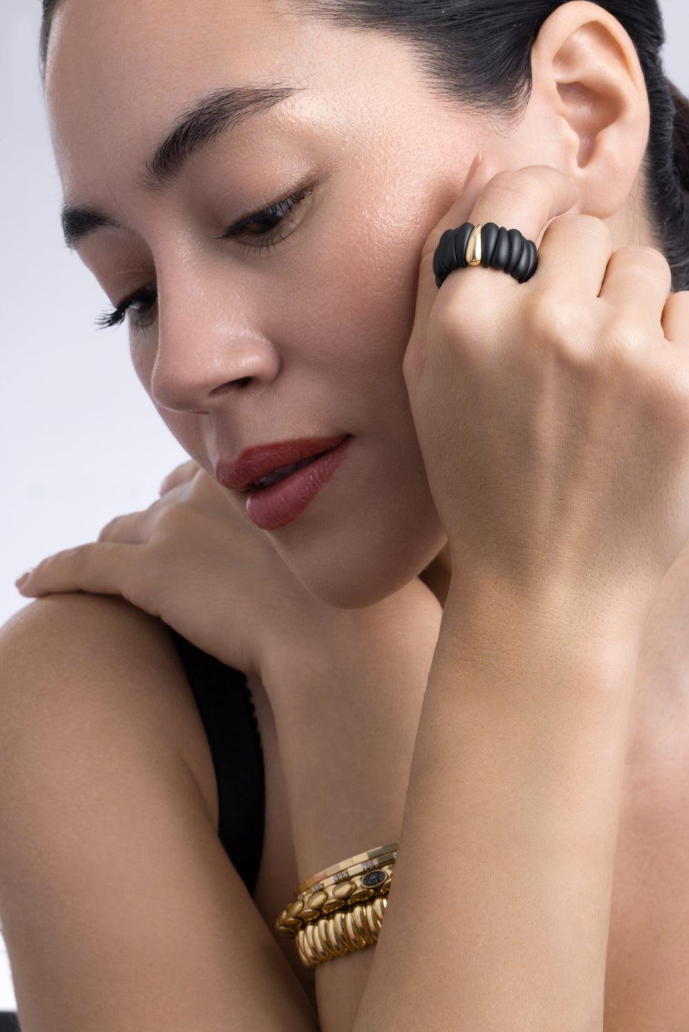Satin Finish Black Ceramic Ring-YELLOW GOLD-8.5-JEWELRYFINE JEWELRING-ROBERTO DEMEGLIO