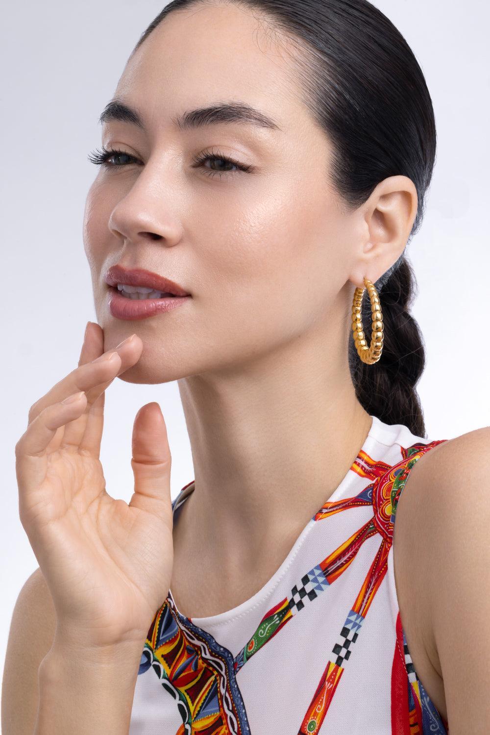 Golden Dreams Collection Beaded Round Hoop Earrings-YELLOW GOLD-JEWELRYFINE JEWELEARRING-LISA NIK