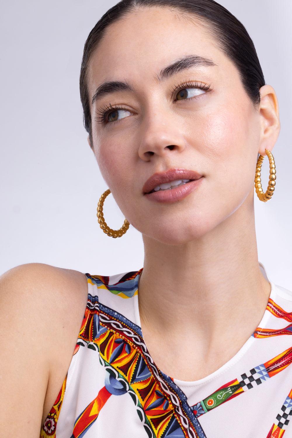 Golden Dreams Collection Beaded Round Hoop Earrings-YELLOW GOLD-JEWELRYFINE JEWELEARRING-LISA NIK