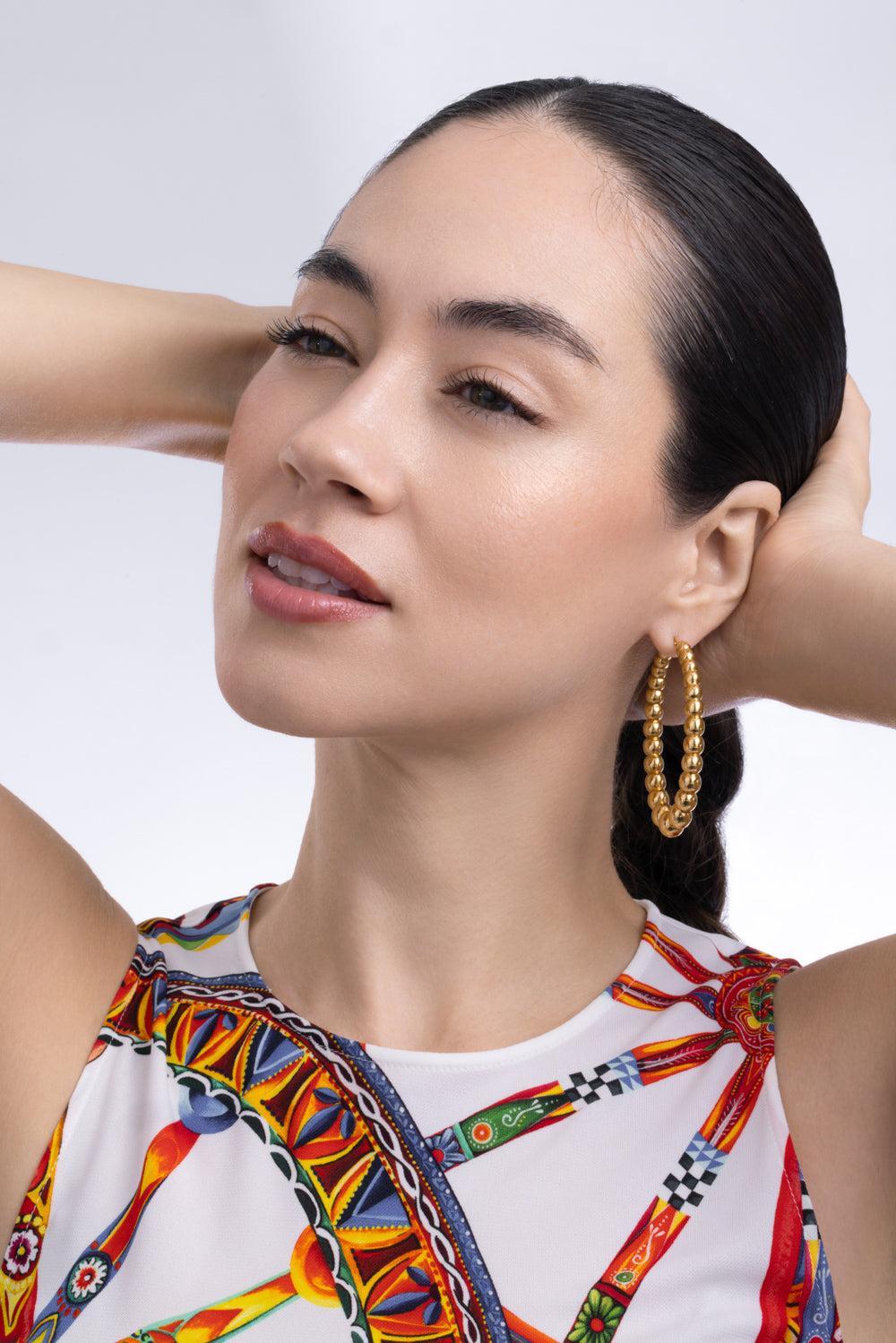 Golden Dreams Collection Beaded Oval Hoop Earrings-YELLOW GOLD-JEWELRYFINE JEWELEARRING-LISA NIK