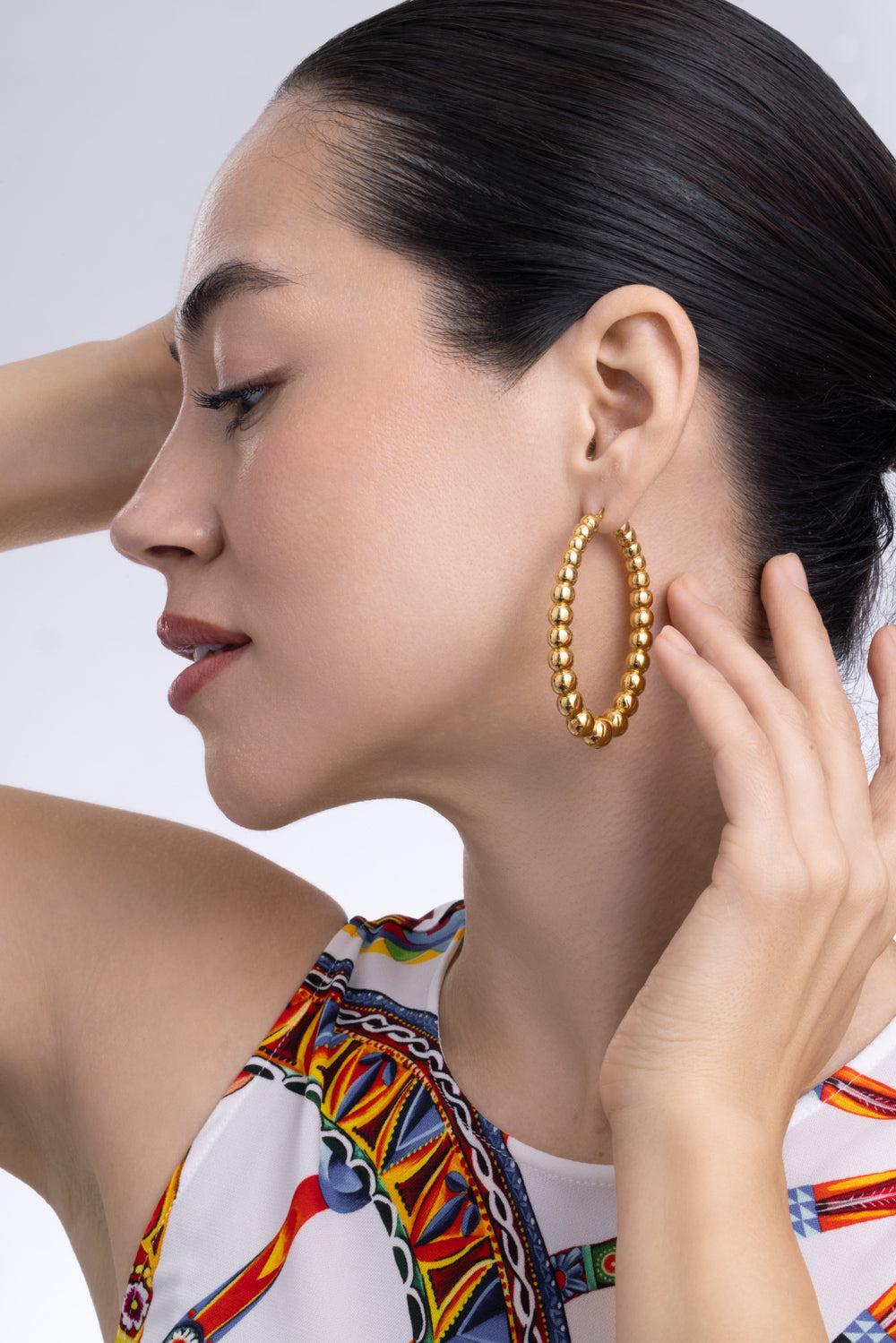 Golden Dreams Collection Beaded Oval Hoop Earrings-YELLOW GOLD-JEWELRYFINE JEWELEARRING-LISA NIK
