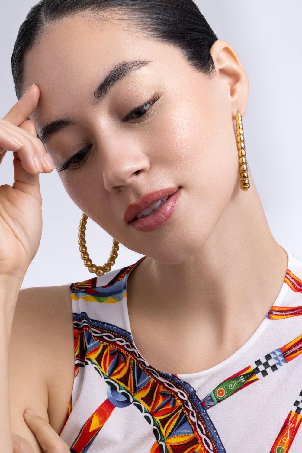Golden Dreams Collection Beaded Oval Hoop Earrings-YELLOW GOLD-JEWELRYFINE JEWELEARRING-LISA NIK