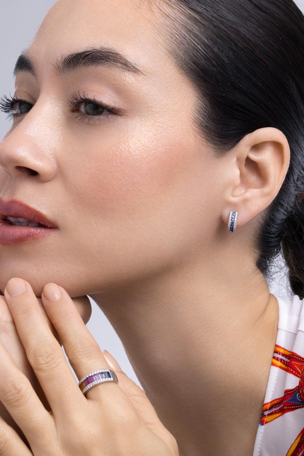 Blue Sapphire Diamond Colors Collection Hoop Earrings-WHITE GOLD-JEWELRYFINE JEWELEARRING-LISA NIK