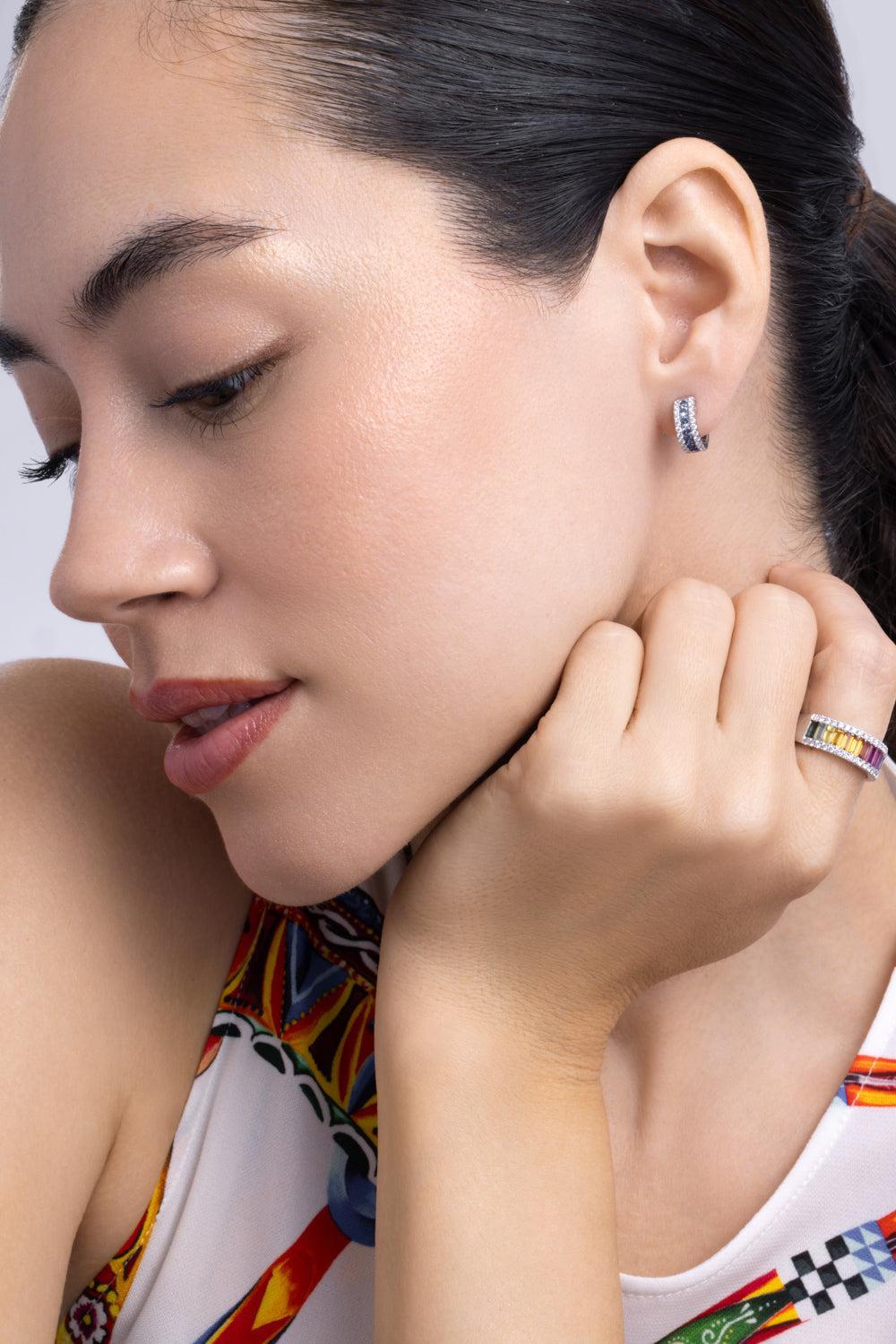 Blue Sapphire Diamond Colors Collection Hoop Earrings-WHITE GOLD-JEWELRYFINE JEWELEARRING-LISA NIK