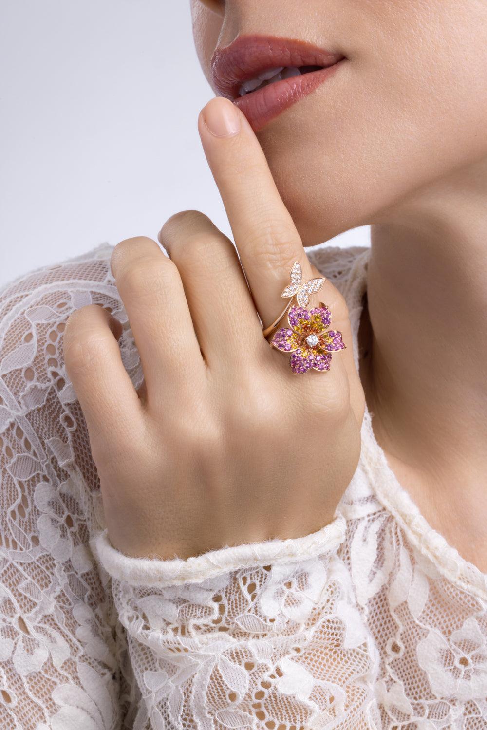 Yellow Pink Sapphire Diamond Butterfly Ring-ROSE GOLD-5.75-JEWELRYFINE JEWELRING-LISA NIK