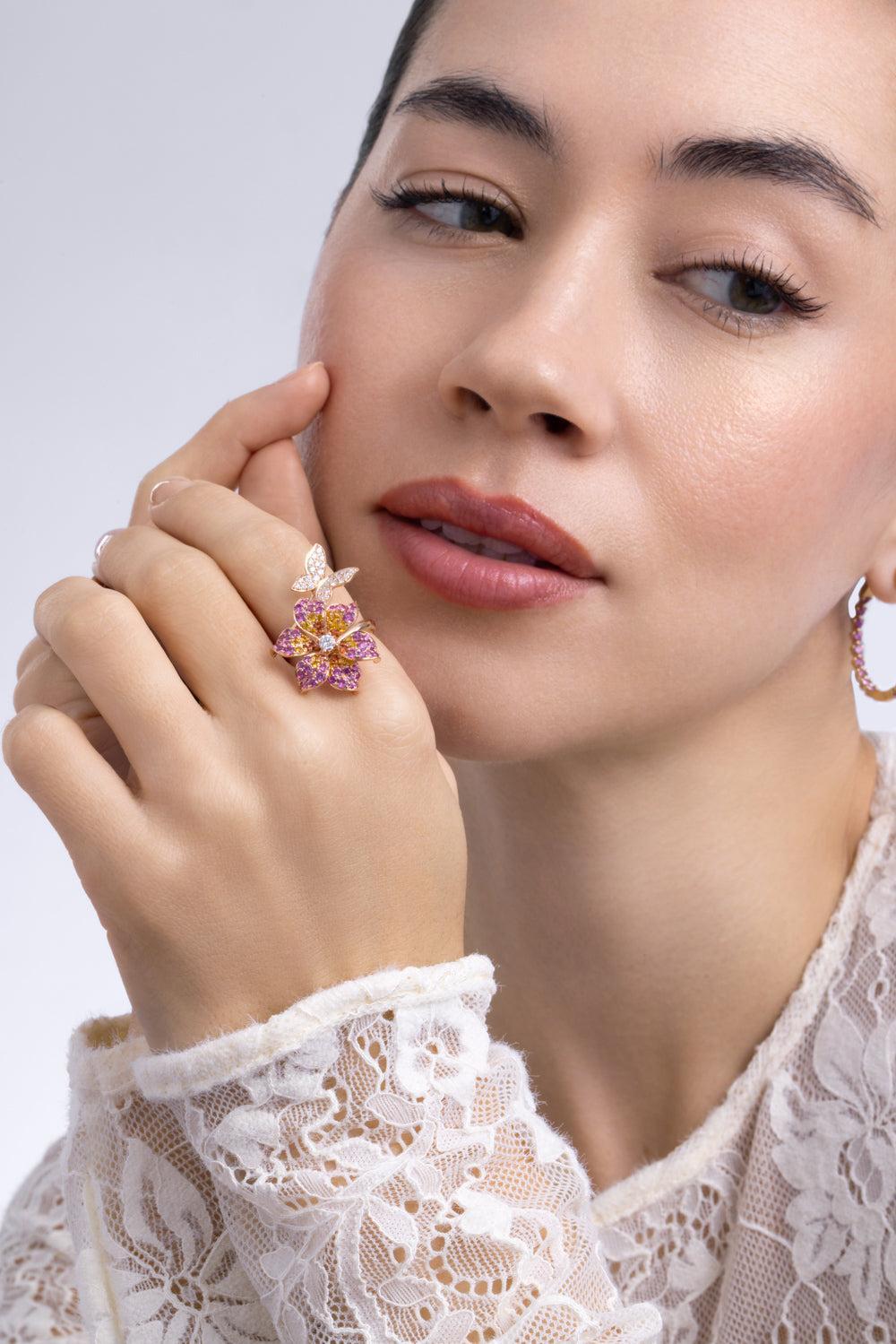 Yellow Pink Sapphire Diamond Butterfly Ring-ROSE GOLD-5.75-JEWELRYFINE JEWELRING-LISA NIK