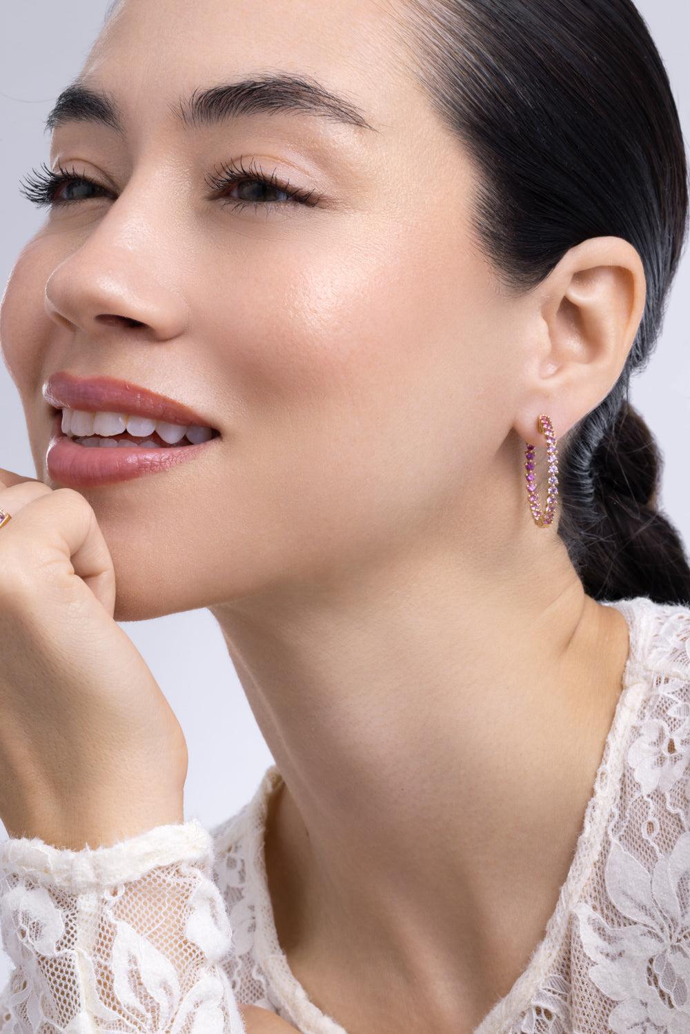 Pink Sapphire Rainbow Collection Hoop Earrings-YELLOW GOLD-JEWELRYFINE JEWELEARRING-LISA NIK