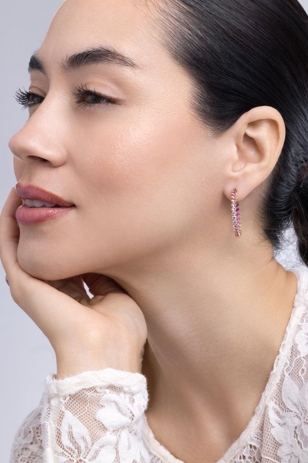 Pink Sapphire Rainbow Collection Hoop Earrings-YELLOW GOLD-JEWELRYFINE JEWELEARRING-LISA NIK